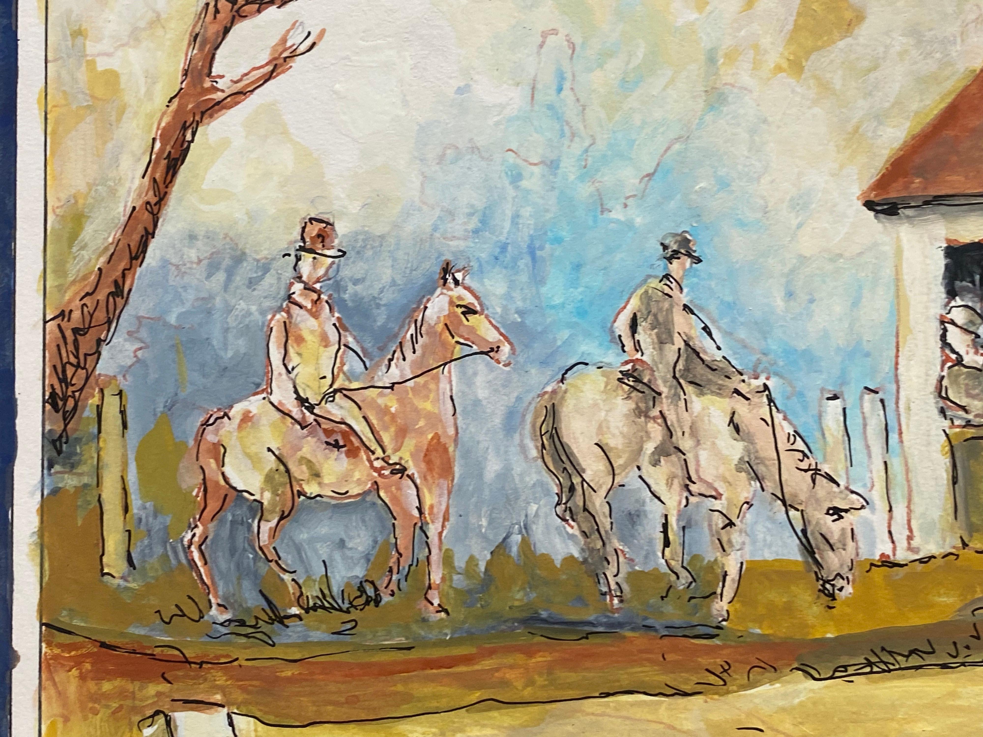 20ième siècle Peinture moderniste française des années 1950 signée, figures à cheval à cheval dans un village en vente