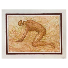 1950's Französisch Modernist Gemälde signiert, Nude Figur in der Landschaft