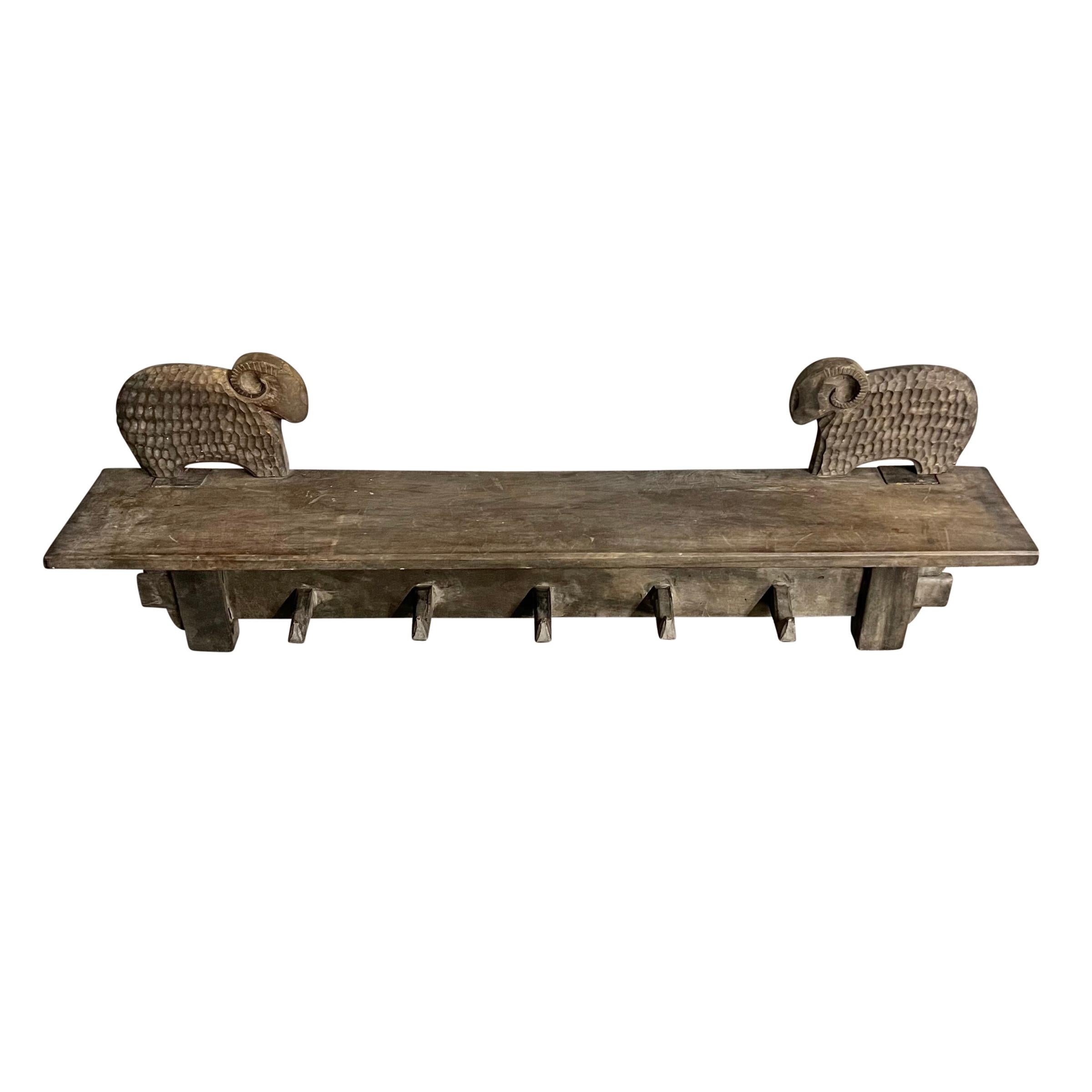 Hand-Carved 1950s French Modernist Wall Shelf and Coat Rack with Rams For Sale