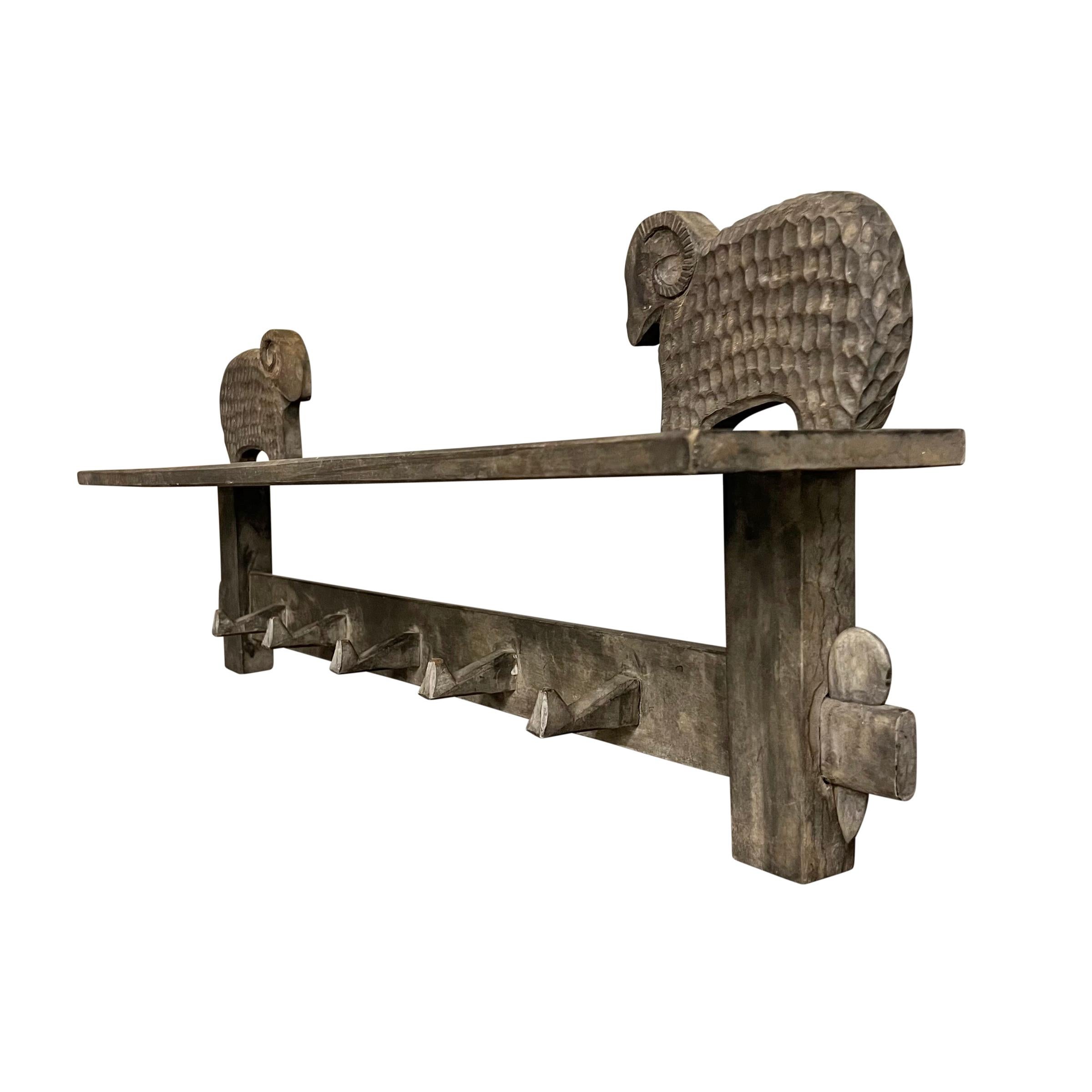 Mid-20th Century 1950s French Modernist Wall Shelf and Coat Rack with Rams For Sale