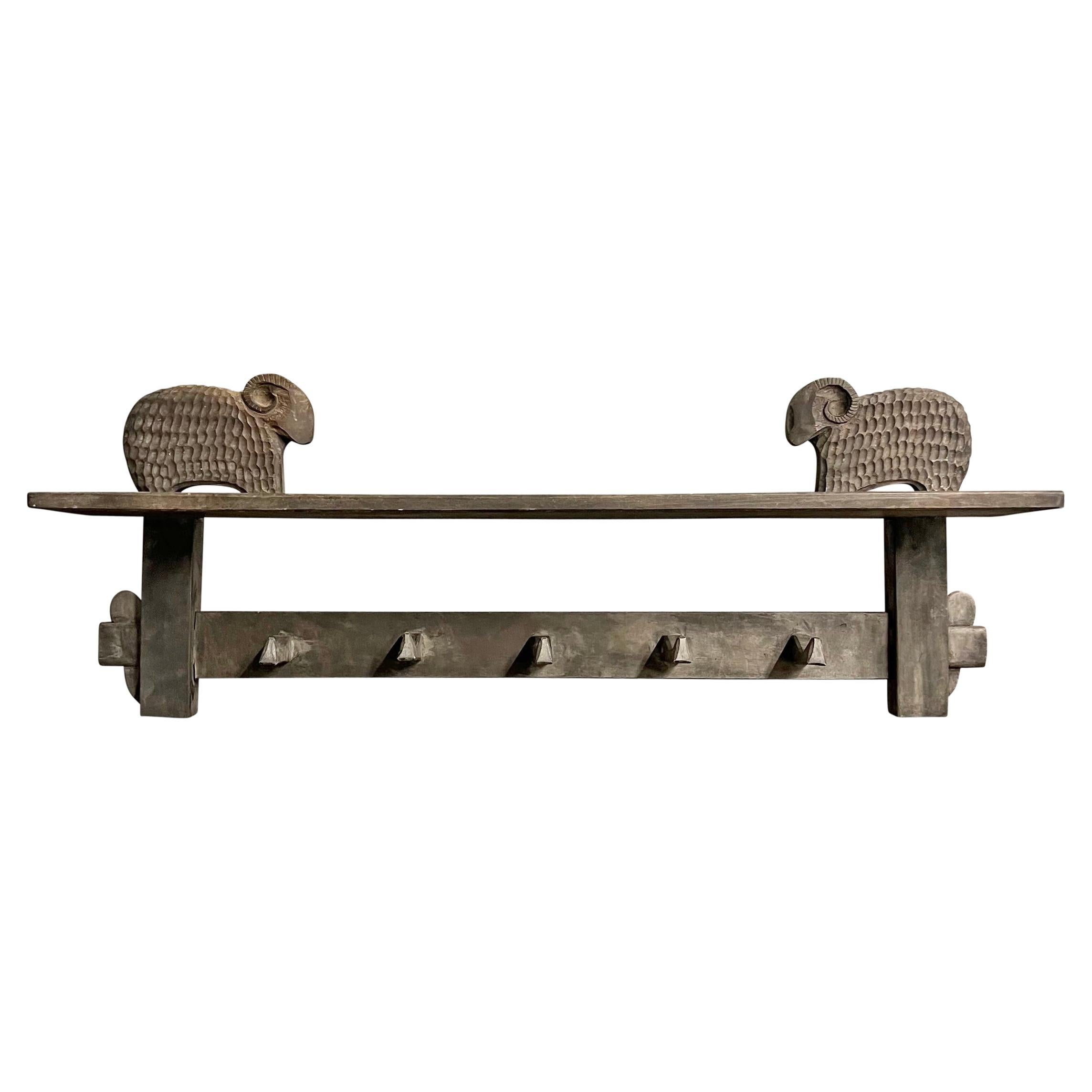 1950s French Modernist Wall Shelf and Coat Rack with Rams For Sale