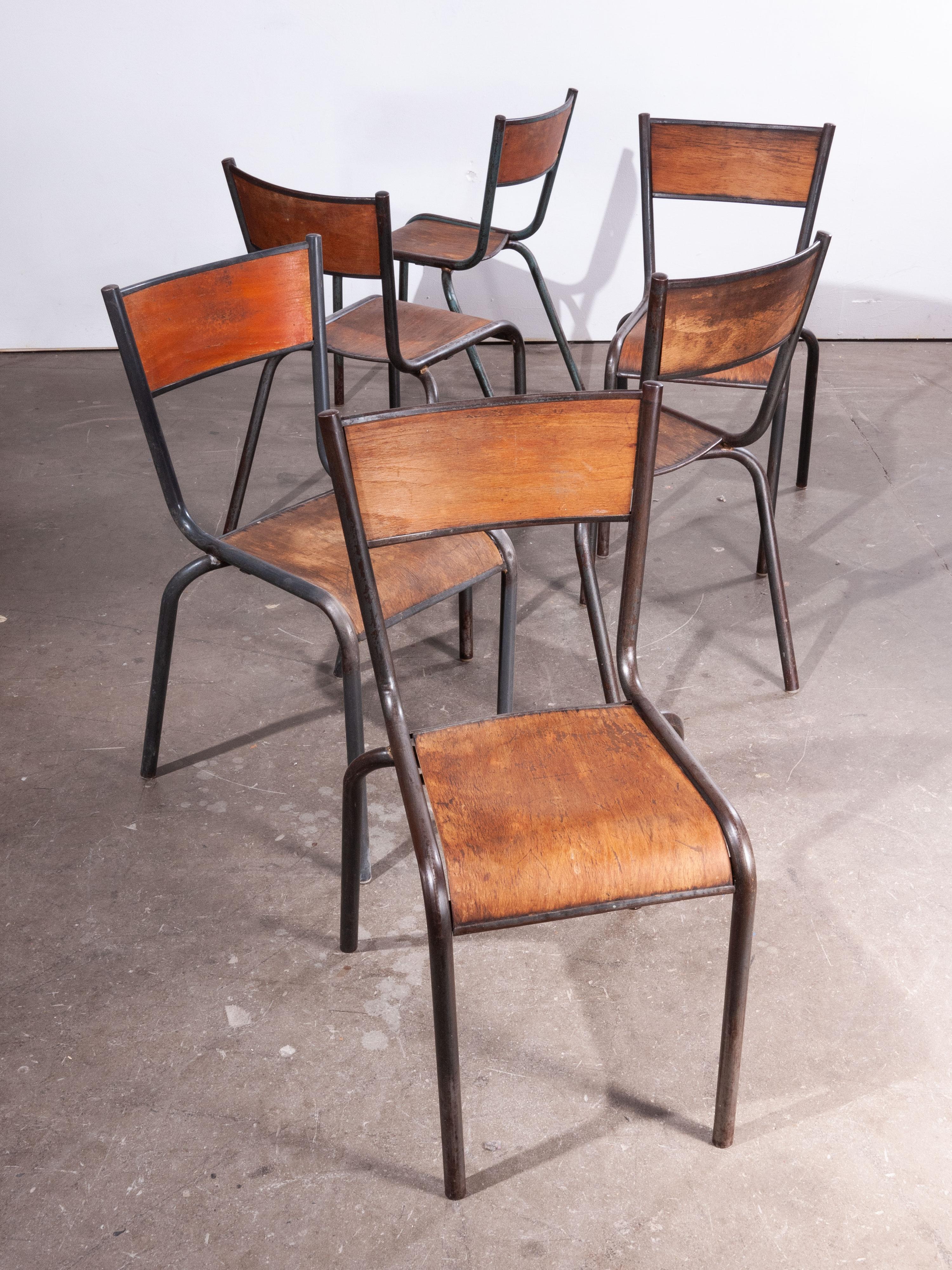 1950s French Mullca dining chairs – set of six – other quantities available

Set of six 1950s French Mullca vintage stacking school/dining chairs. One of our most favorite chairs, in 1947 Robert Muller and Gaston Cavaillon created the company that