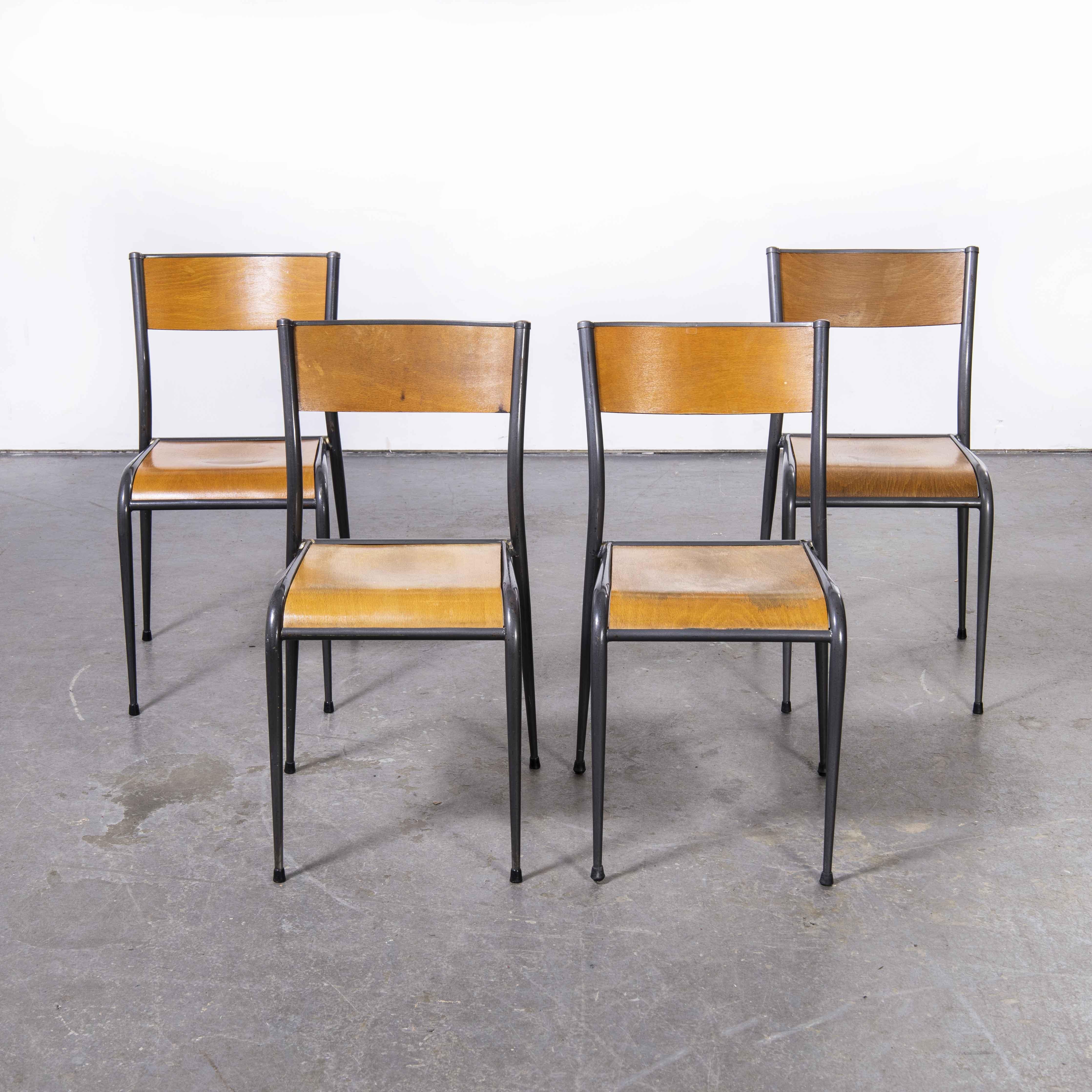 Birch 1950's French Mullca Grey Tapered Leg School Dining Chairs, Set of Four For Sale