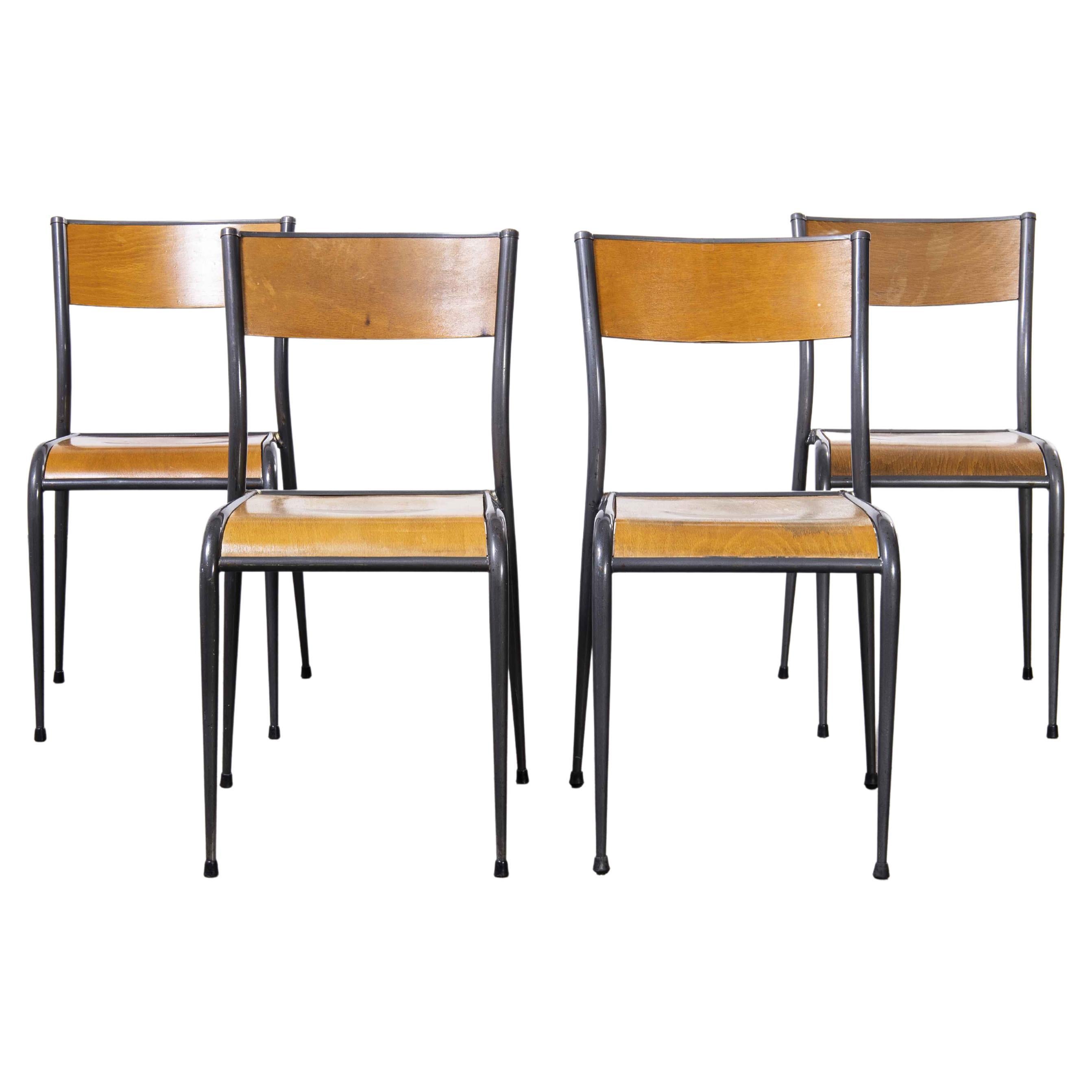 1950's French Mullca Grey Tapered Leg School Dining Chairs, Set of Four For Sale