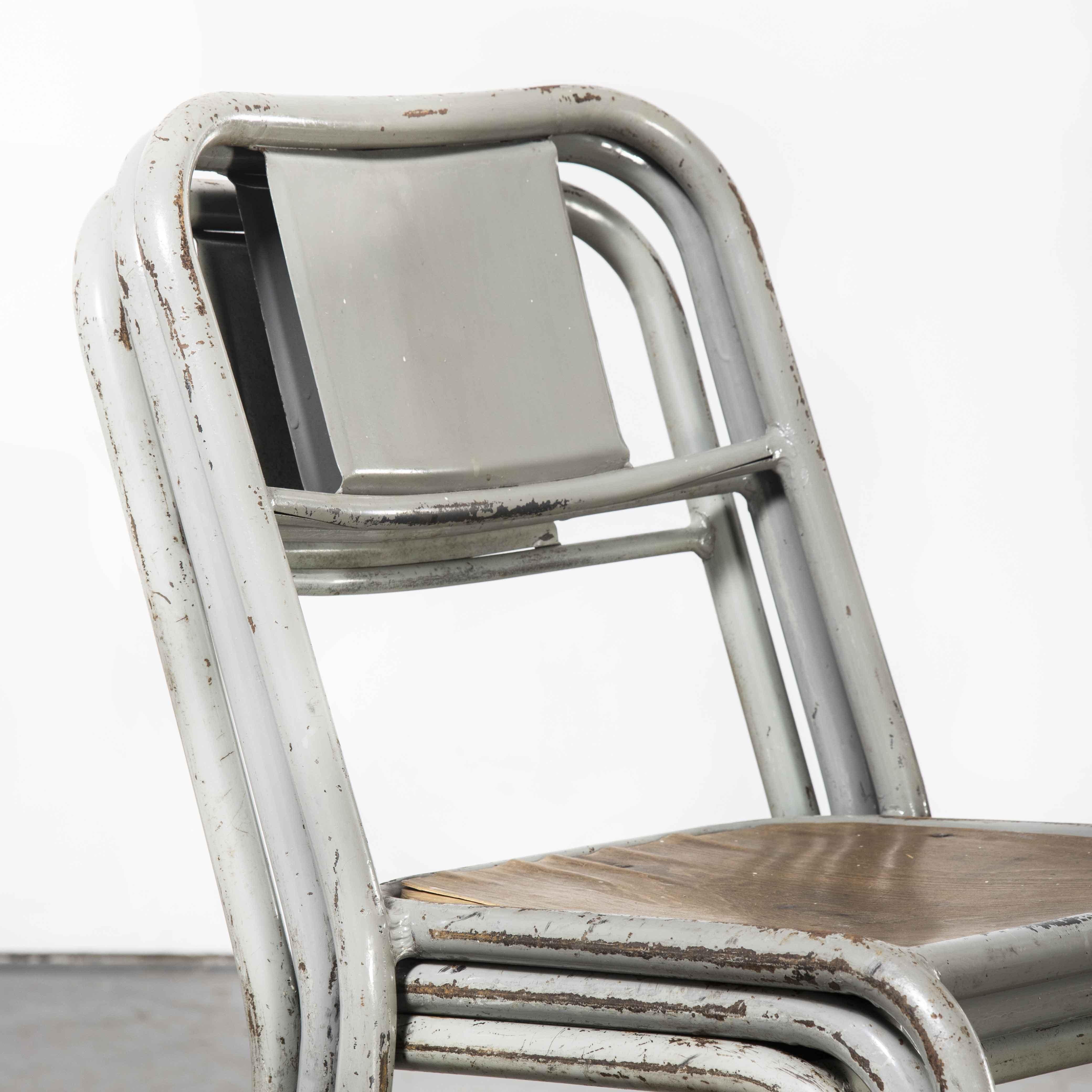 Metal 1950's French Mullca Stacking Dining Chairs Grey with Wood Seat, Set of Twelve For Sale
