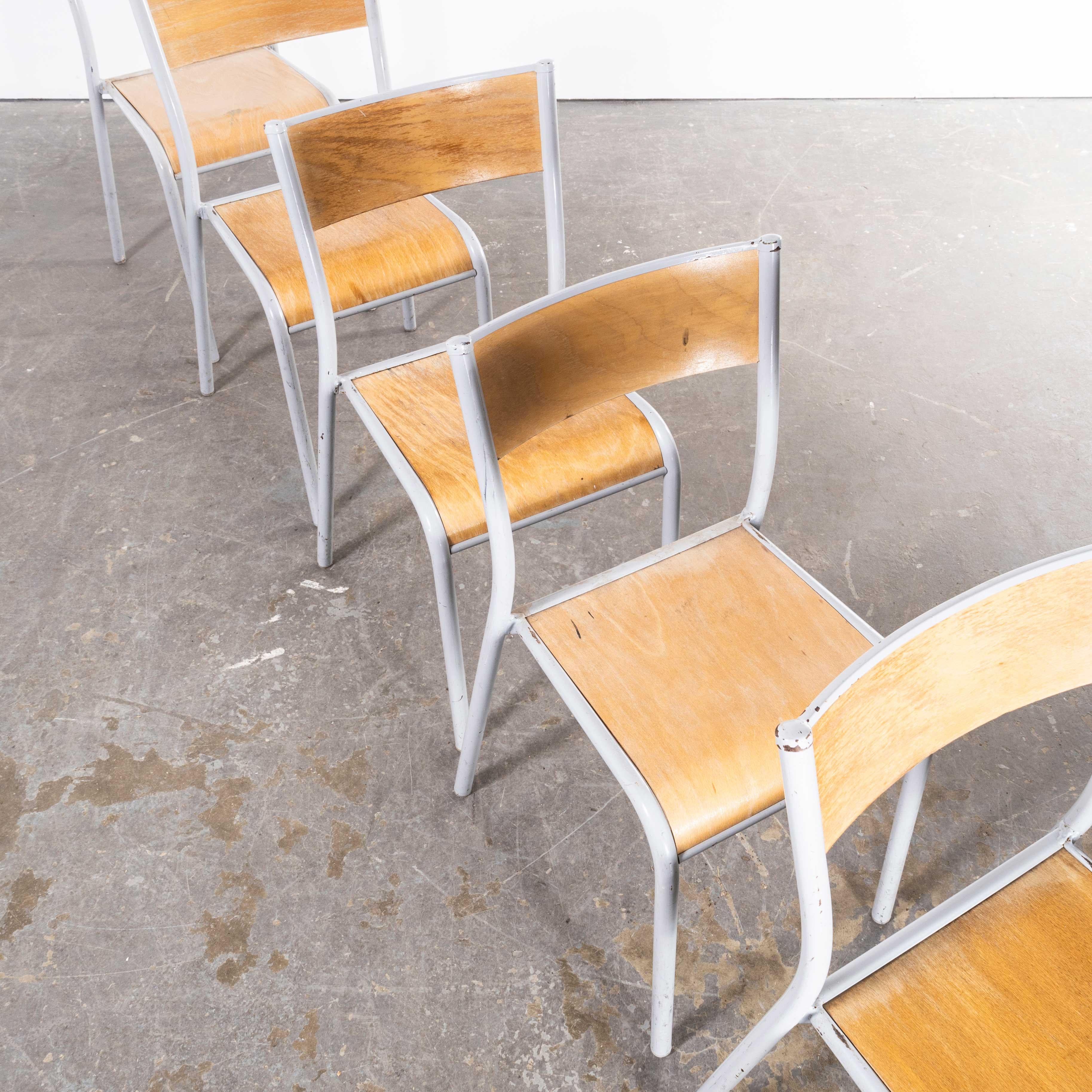 Birch 1950s French Mullca Stacking School Dining Chairs Model 510, Light Grey, Set For Sale