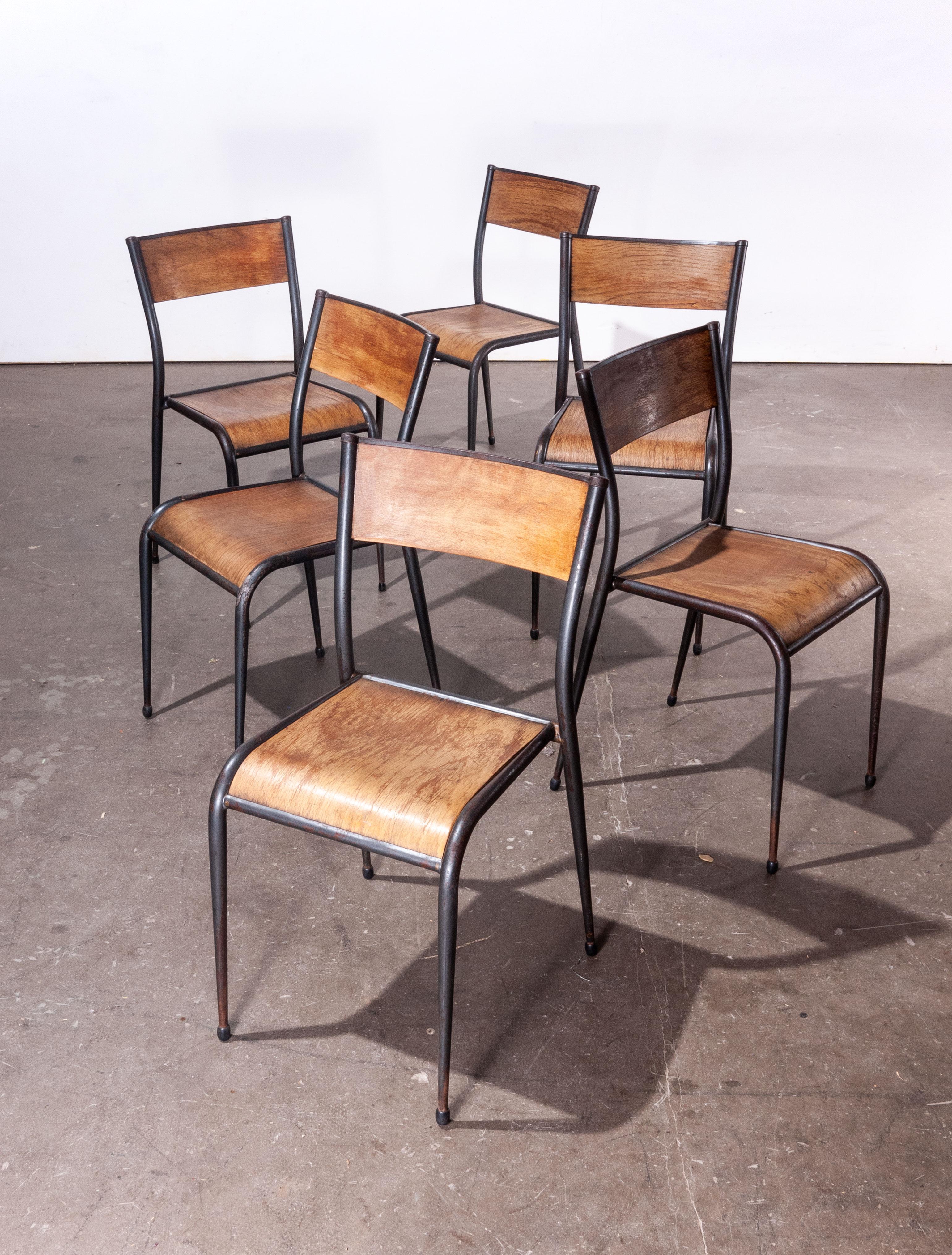 1950s French Mullca tapered leg dining chairs, set of six, other quantities available
Set of six rare tapered leg 1950s French Mullca vintage stacking school/dining chairs. One of our most favourite chairs, in 1947 Robert Muller and Gaston