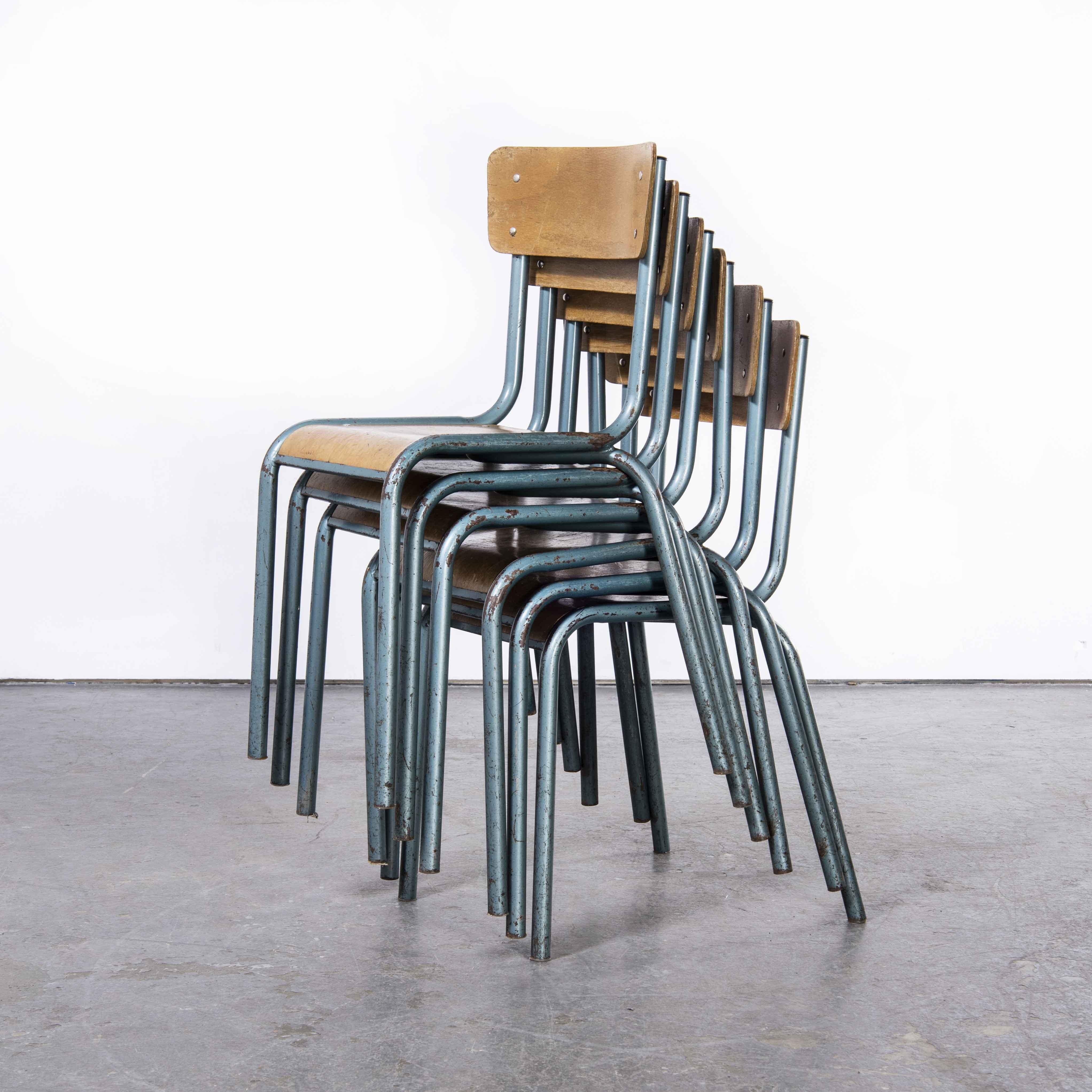 French 1950's Mullca Vintage Stacking School, Chairs, Aqua Model 510/1 - Set Of Six