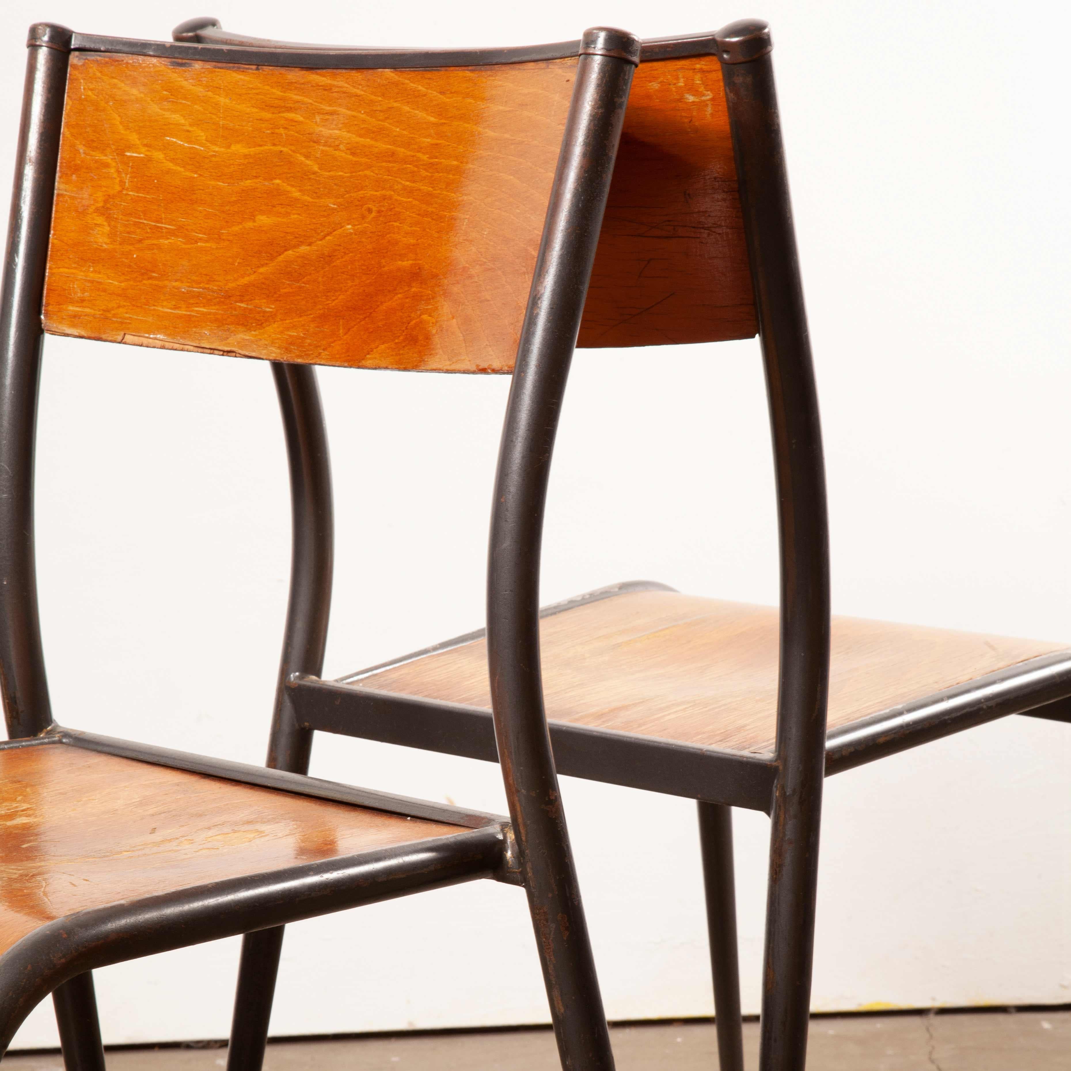 1950s French Mullca vintage stacking school/dining chairs, set of two. One of our most favourite chairs, in 1947 Robert Muller and Gaston Cavaillon created the company that went on to develop arguably the most famous French school chair, and these