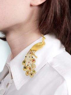 1950's French Multi-Gem Ruby Diamond 18 Karat Yellow Gold Vintage Peacock Brooch