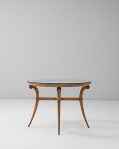 1950s French Neoclassical Round Glass-Top Table With Curved Wooden Legs