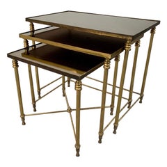 1950s French Nest of Brass and Mirrored Tables by Maison Jansen