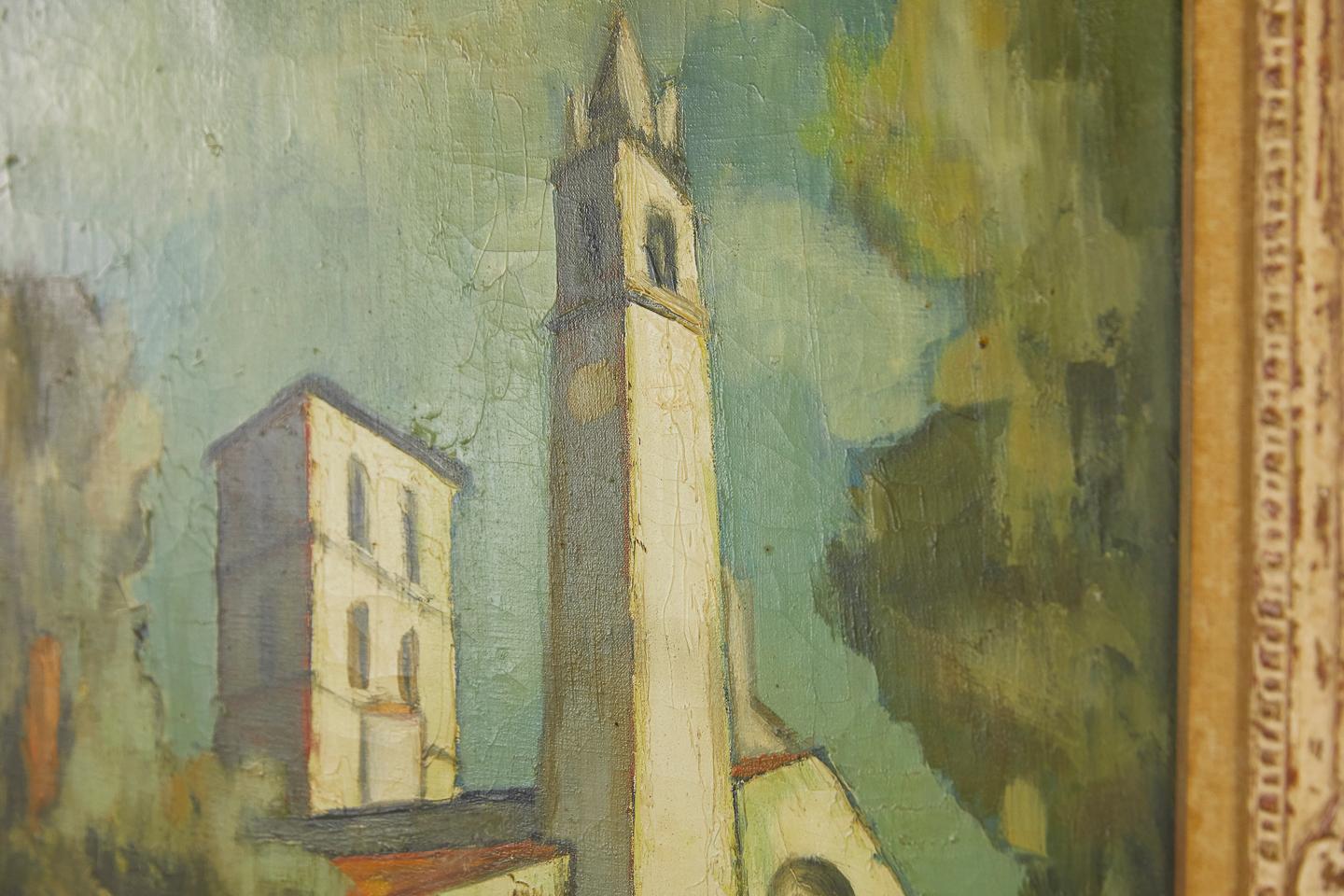 Signed, 1950s French oil on canvas painting of a church.