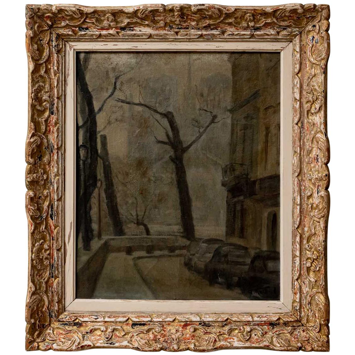 1950s French Oil Painting of a Parisian Scene in a Beautiful Carved Wood Frame