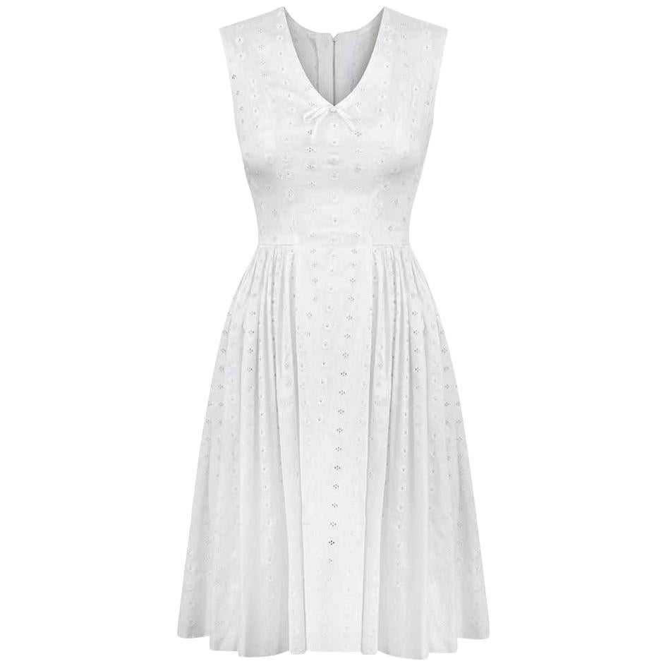 1950s French Original White Sateen Cotton Day Dress