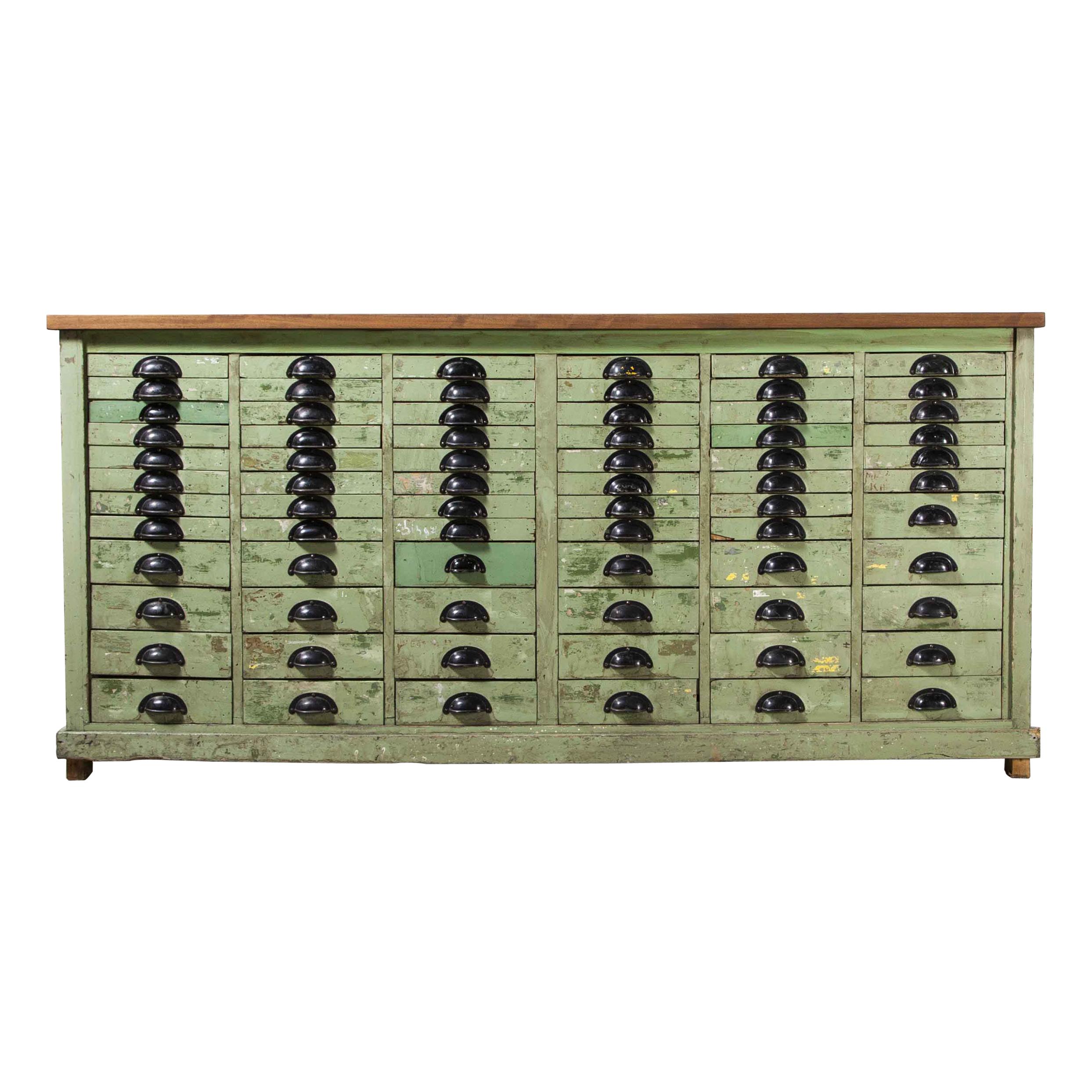 1950's French Original Workshop Multidrawer Cabinet, Industrial Green