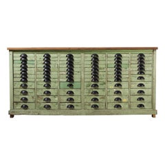 Used 1950's French Original Workshop Multidrawer Cabinet, Industrial Green