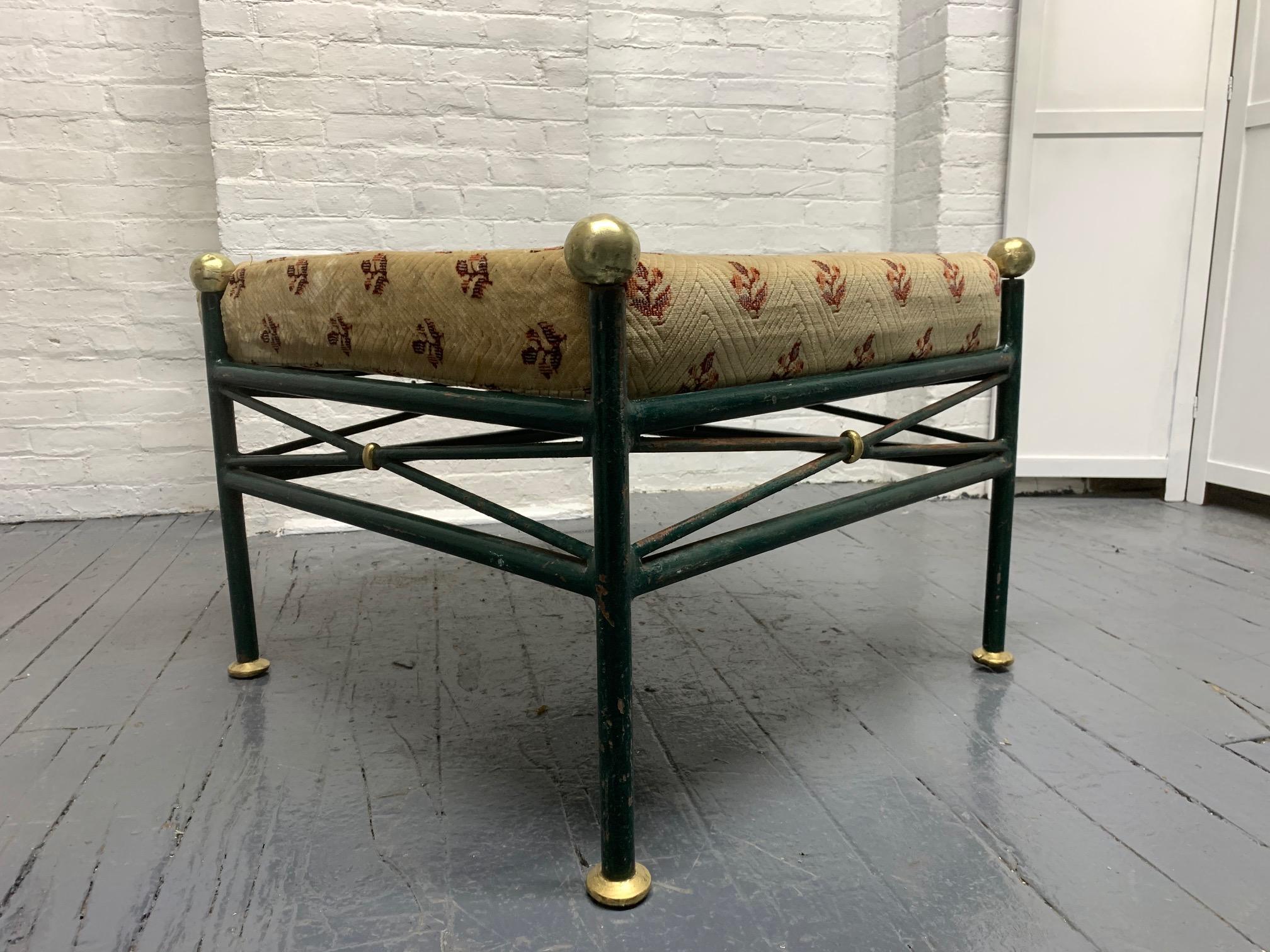 1950s French painted wrought iron bench with brass balls to the top. Style of Maison Jansen.
Measures: 20.5
