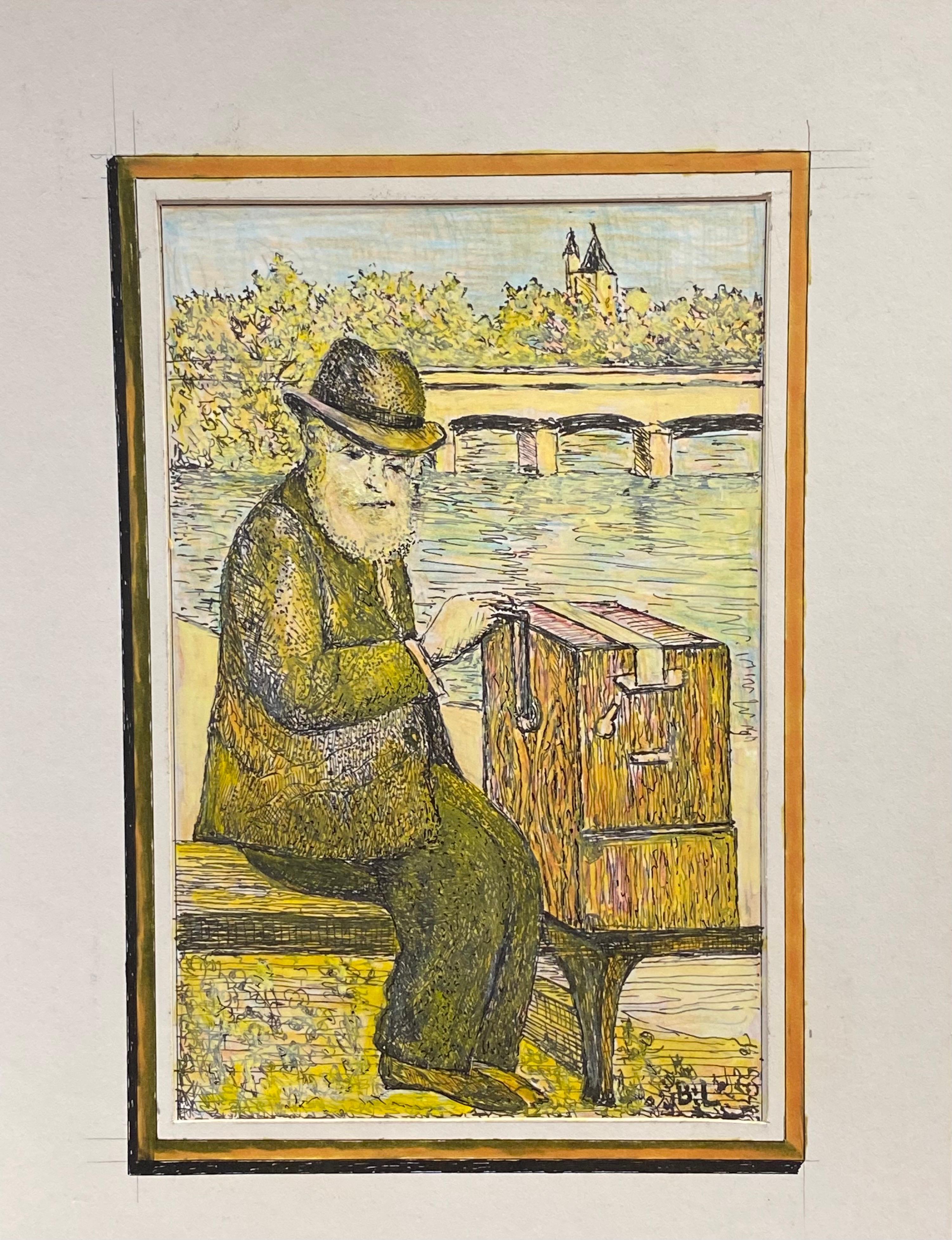 Busker
by Bernard Labbe (French mid 20th century)
signed original watercolour/ gouache painting on board, unframed
size: 13.75 x 10 inches
condition: very good and ready to be enjoyed. 

provenance: the artists atelier/ studio, France (stamped