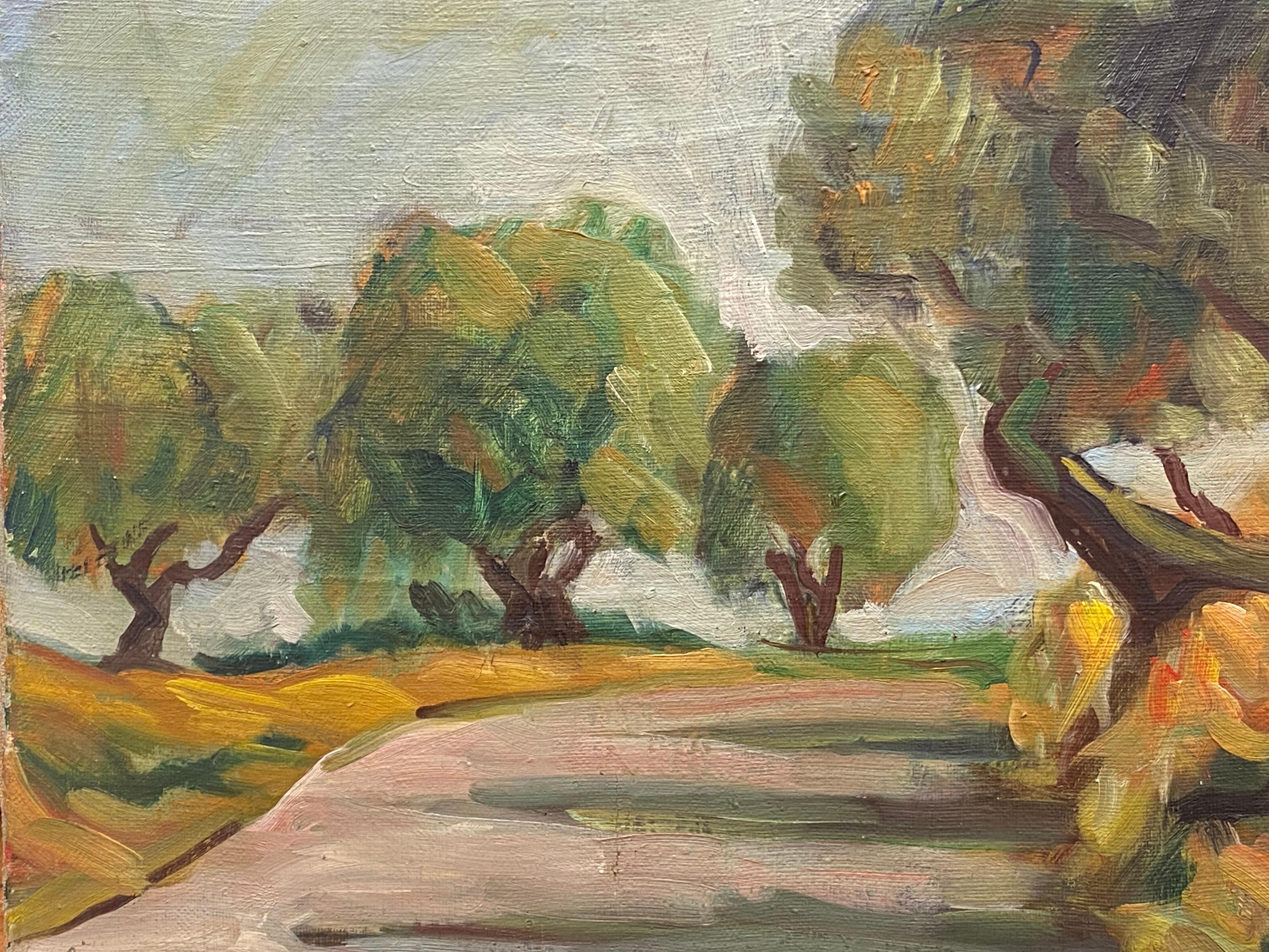 Huile impressionniste française des années 1950 - Chemin de campagne provençal éclairé par un soleil - Painting de 1950's French