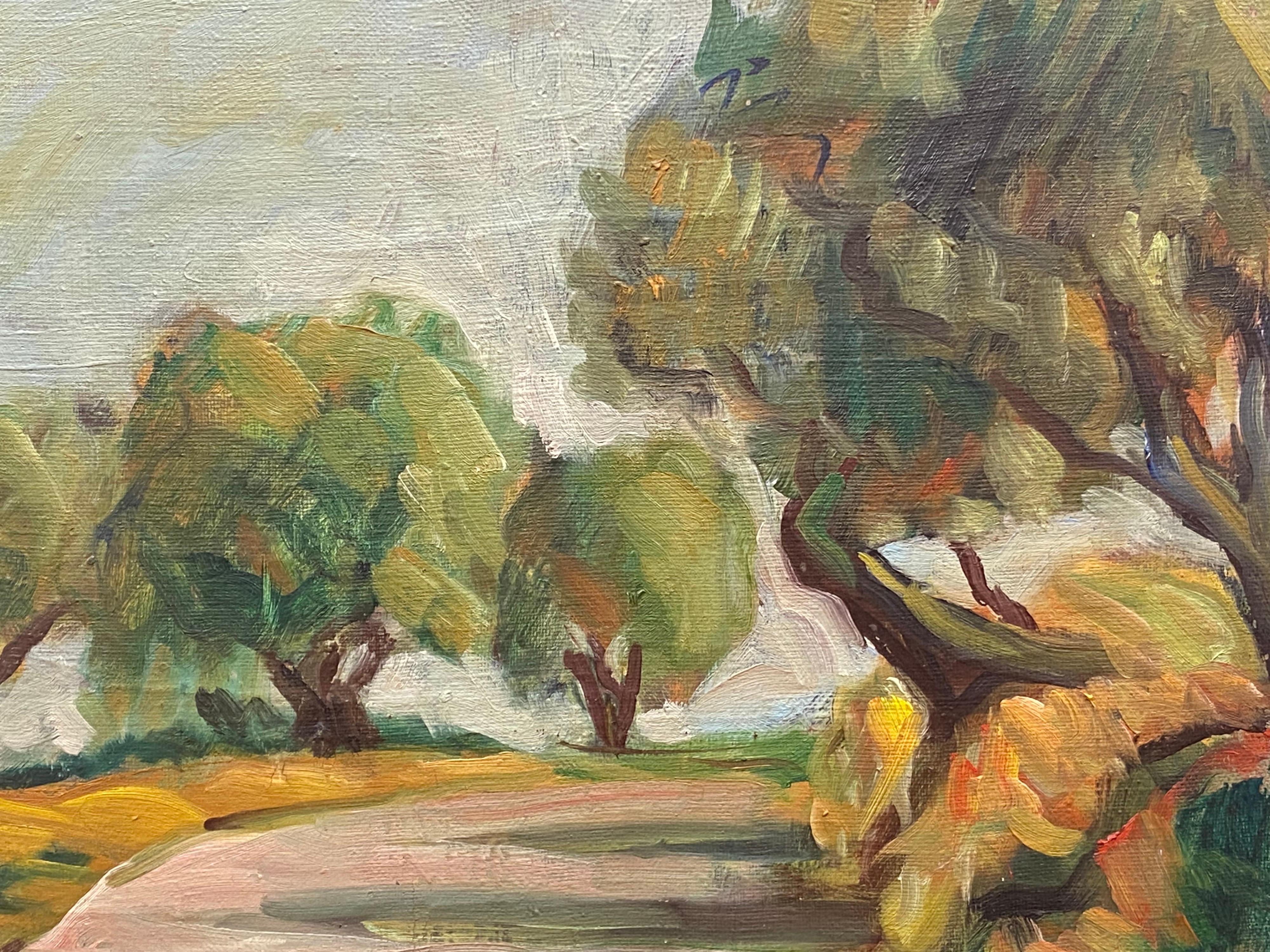 Huile impressionniste française des années 1950 - Chemin de campagne provençal éclairé par un soleil - Impressionnisme Painting par 1950's French