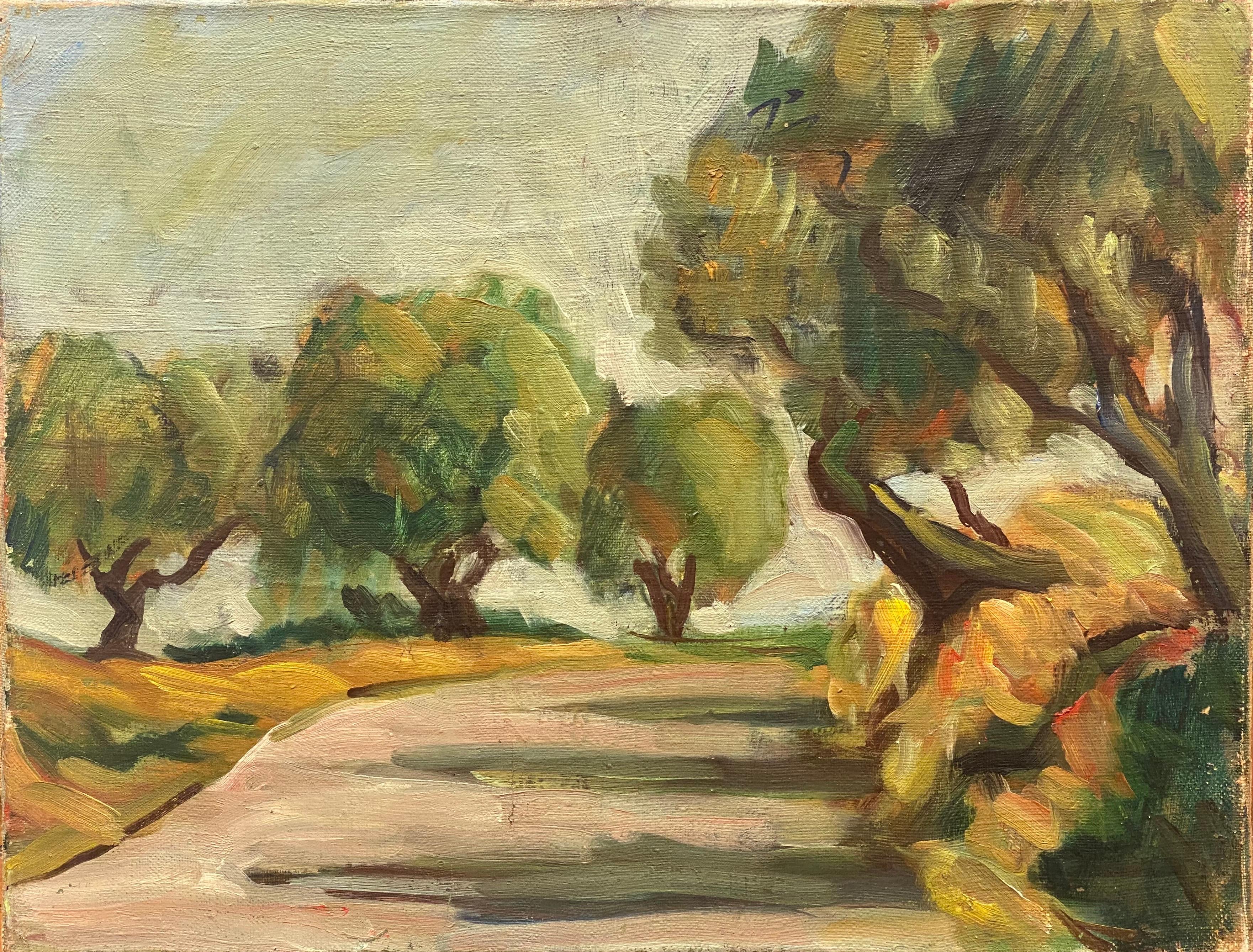 Landscape Painting 1950's French - Huile impressionniste française des années 1950 - Chemin de campagne provençal éclairé par un soleil
