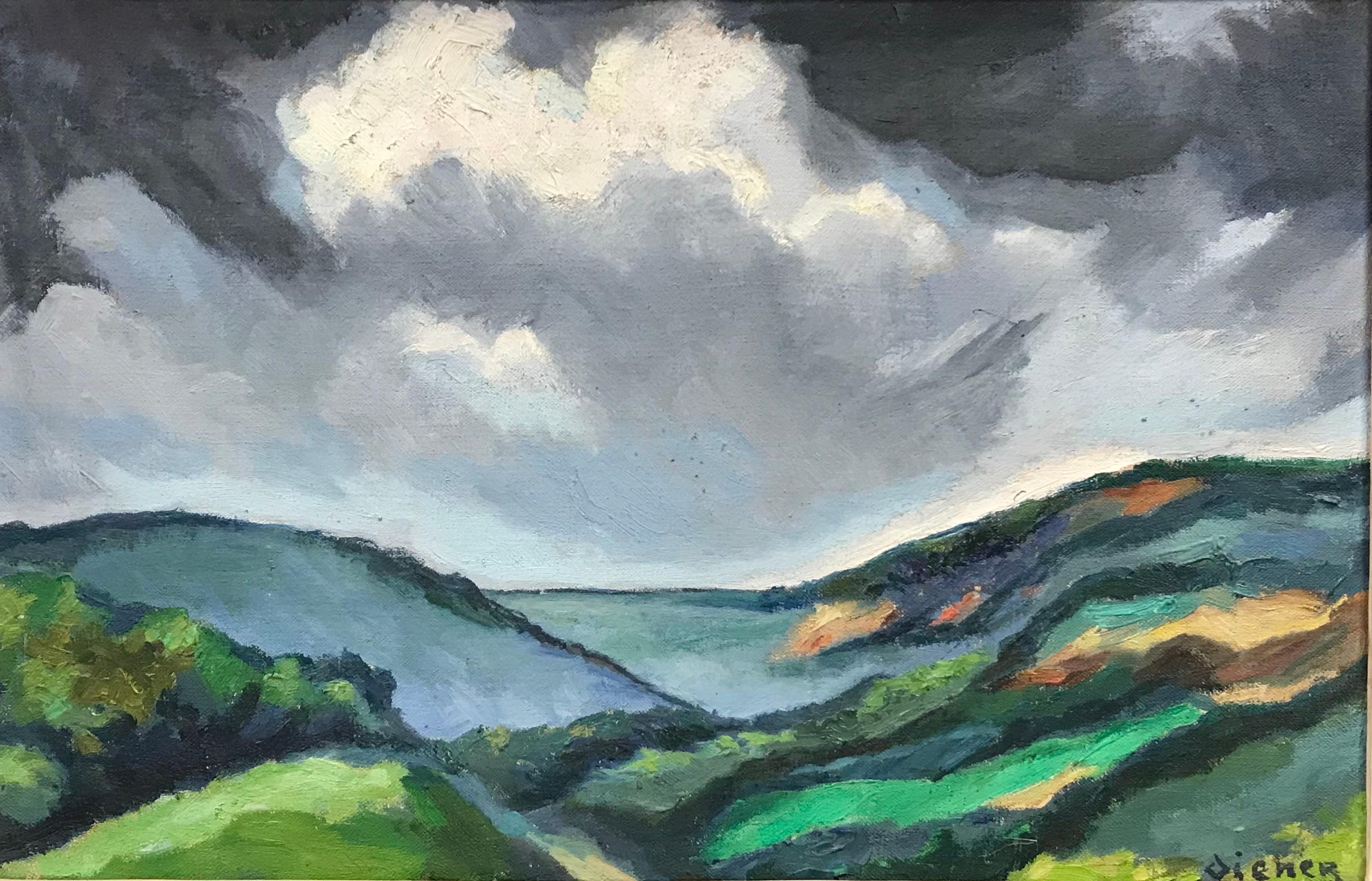 Mid 20th Century French Oil Green Moody & Atmospheric Landscape Original Frame - Painting by 1950's French