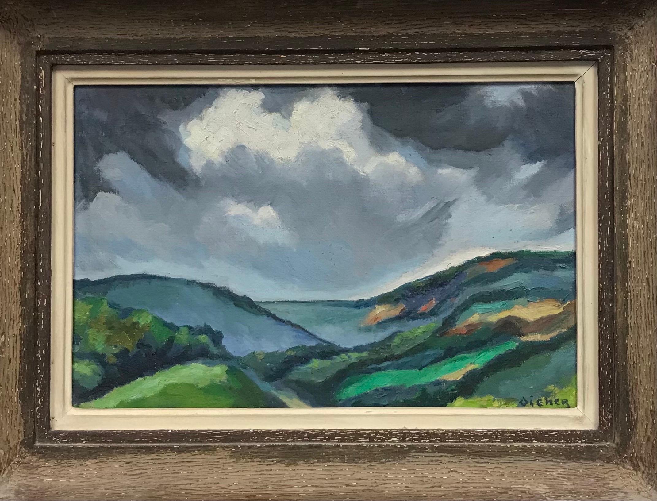 Mid 20th Century French Oil Green Moody & Atmospheric Landscape Original Frame - Impressionist Painting by 1950's French