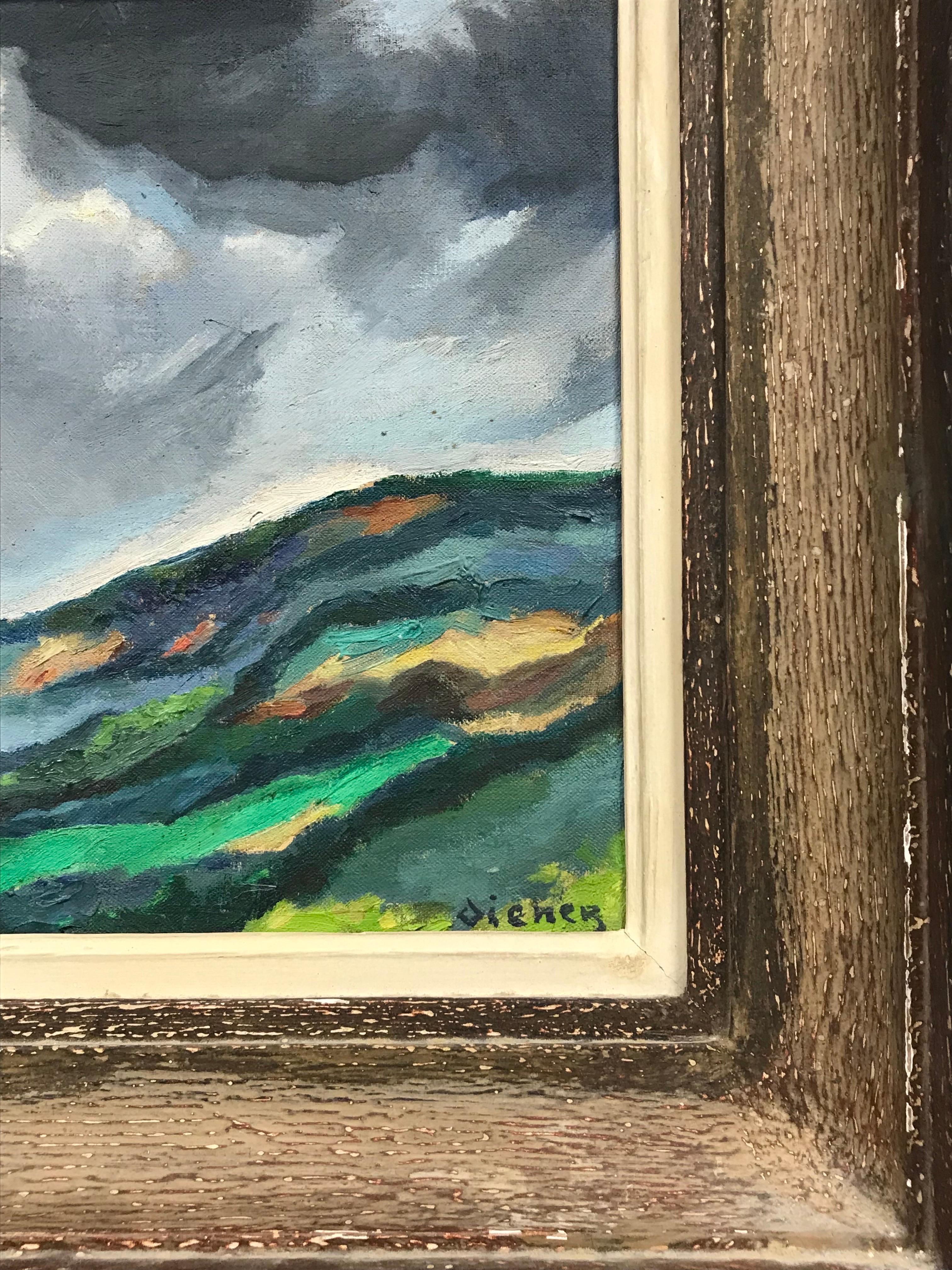Mid 20th Century French Oil Green Moody & Atmospheric Landscape Original Frame - Black Landscape Painting by 1950's French