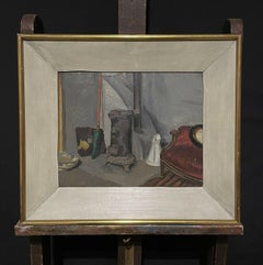 Mid 20th Century French Oil Interior Room Scene Wood Burner Stove, signed