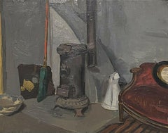 Mid 20th Century French Oil Interior Room Scene Wood Burner Stove, signed