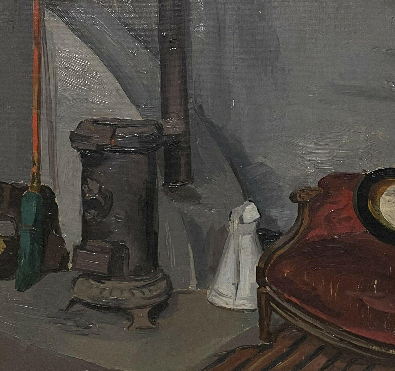 Óleo francés de mediados del siglo XX Escena de interior de habitación Estufa de leña, firmado - Painting Expresionista de 1950's French