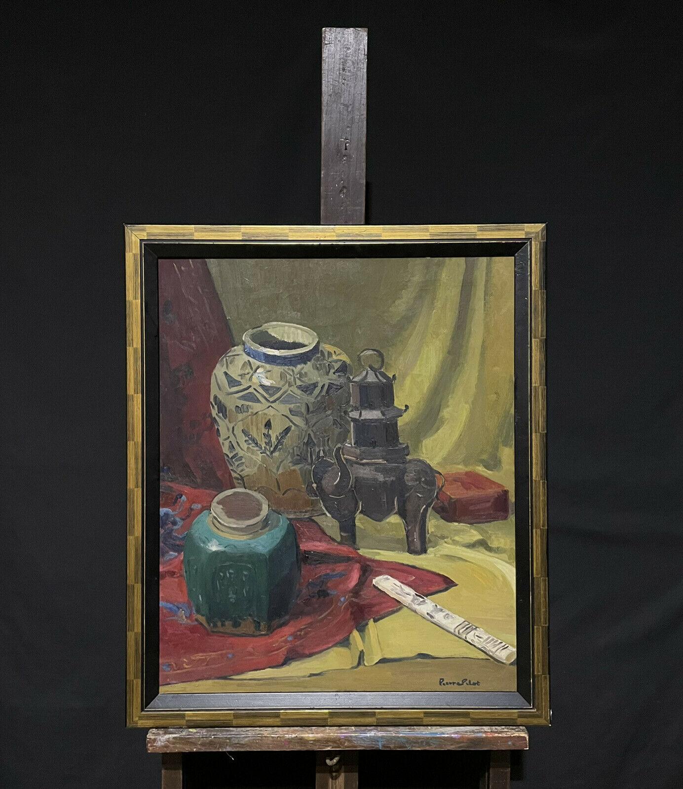 Mid 20th Century French Still Life Oriental Vases & Objects, signed Oil  - Painting by 1950's French