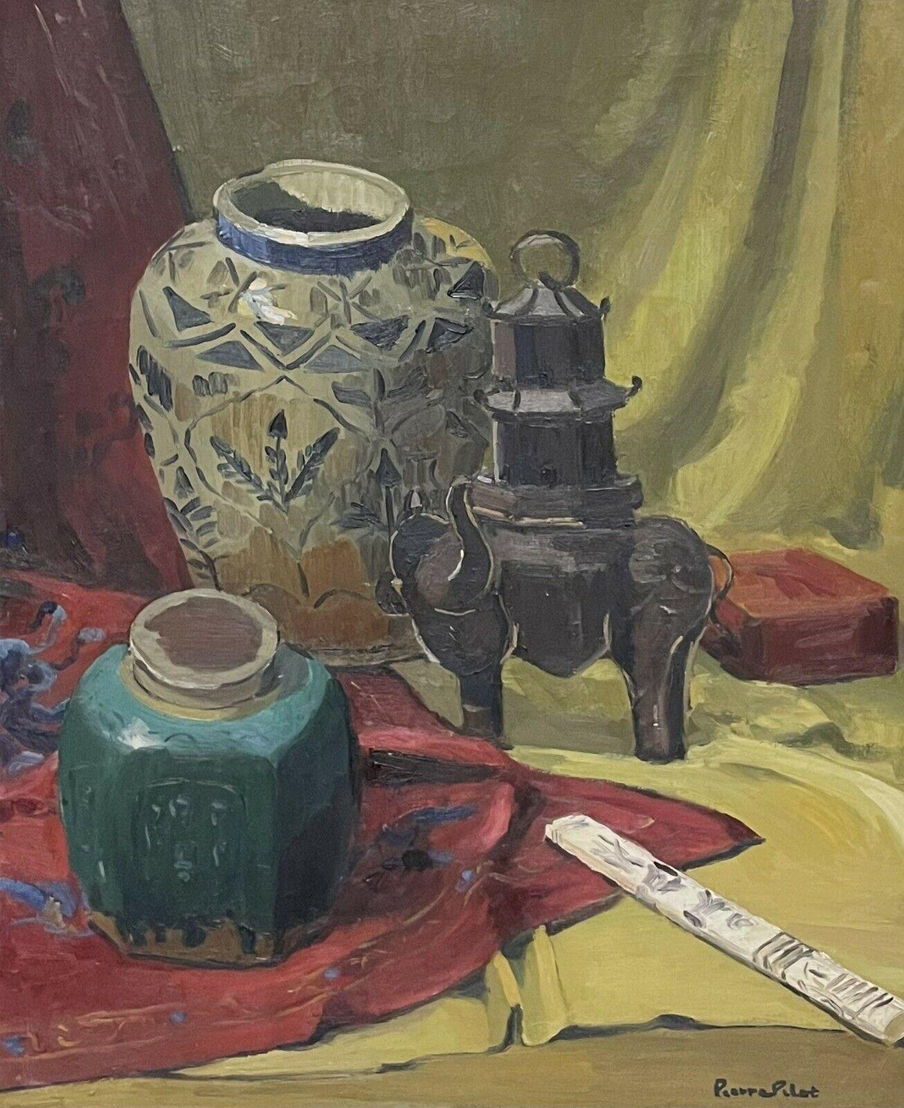 1950's French Still-Life Painting - Mid 20th Century French Still Life Oriental Vases & Objects, signed Oil 