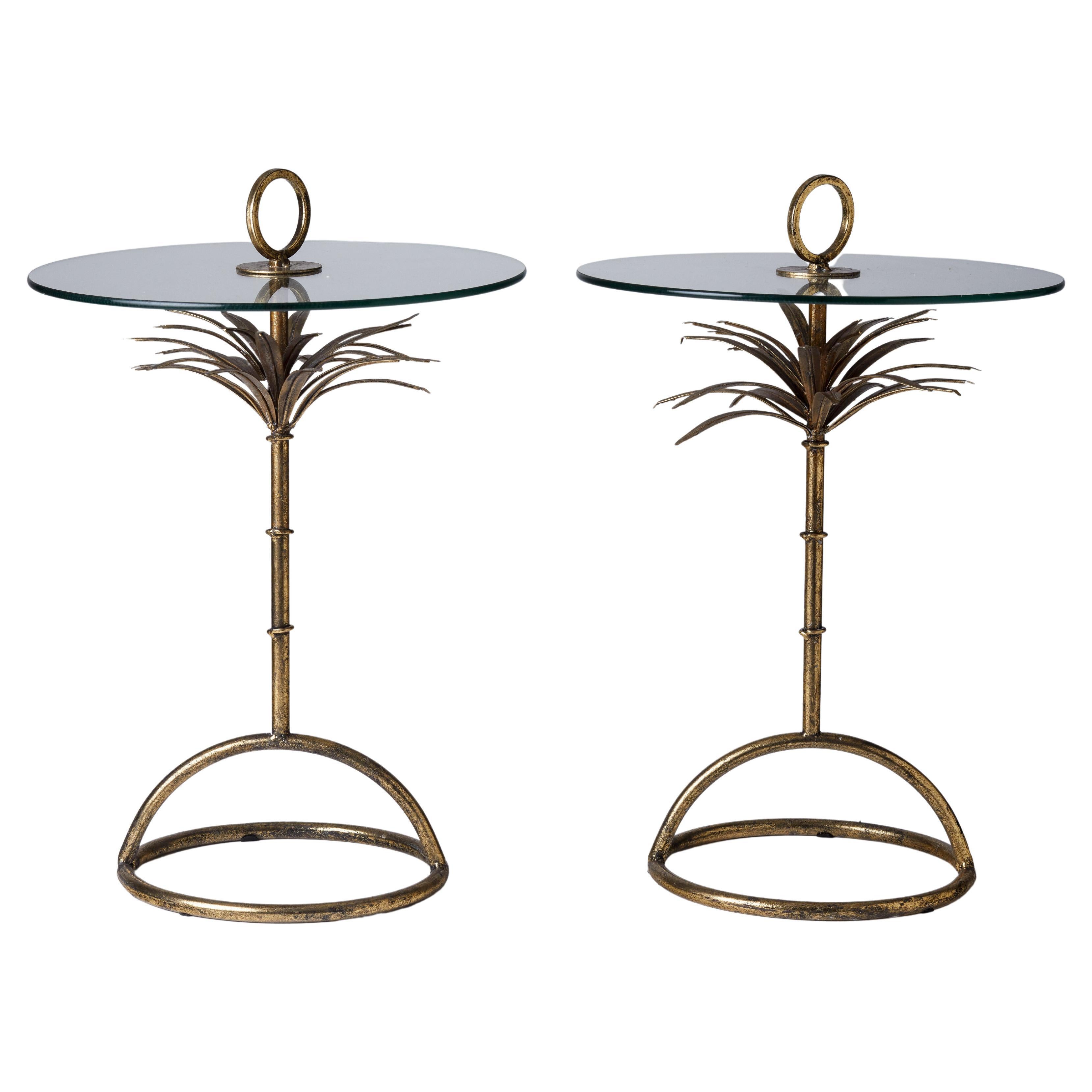 1950s French Pair of Brass Palm Tree & Glass Martini Tables