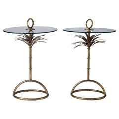 1950s French Pair of Brass Palm Tree & Glass Martini Tables