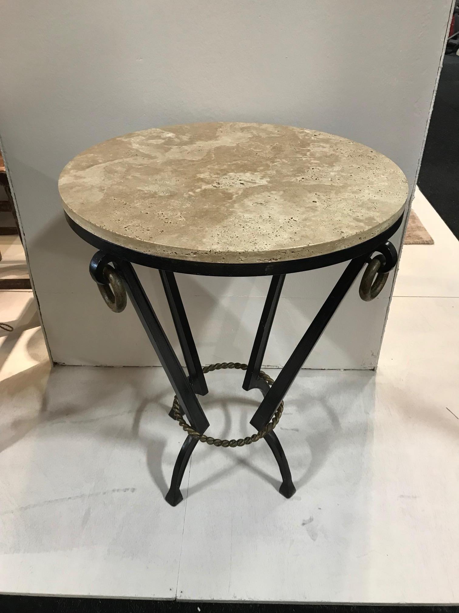 A pair of French 1950s iron and travertine (replaced) topped side tables with gilded iron rope detail. Attributed to Maison Ramsay.