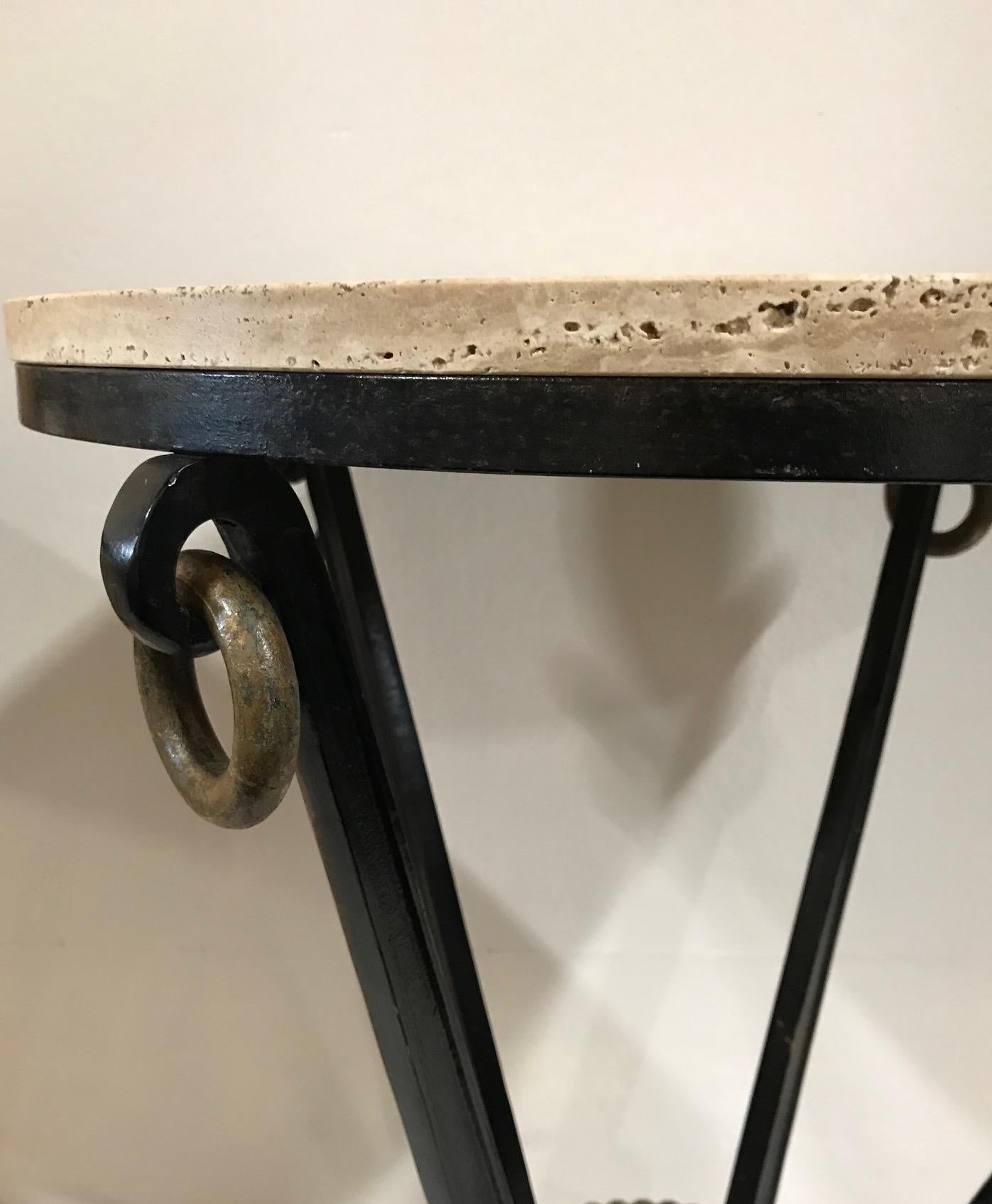 Mid-Century Modern 1950s French Pair of Iron and Travertine Side Tables