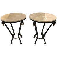 1950s French Pair of Iron and Travertine Side Tables