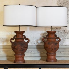 1950's French Pair of Terracotta Chinoiserie Table Lamps
