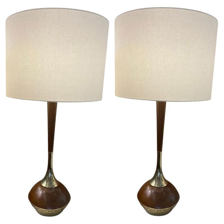 1950s French Pair of Walnut & Brass Lamps with Etched Details For Sale