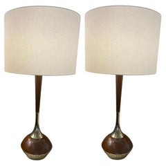 1950s French Pair of Walnut & Brass Lamps with Etched Details