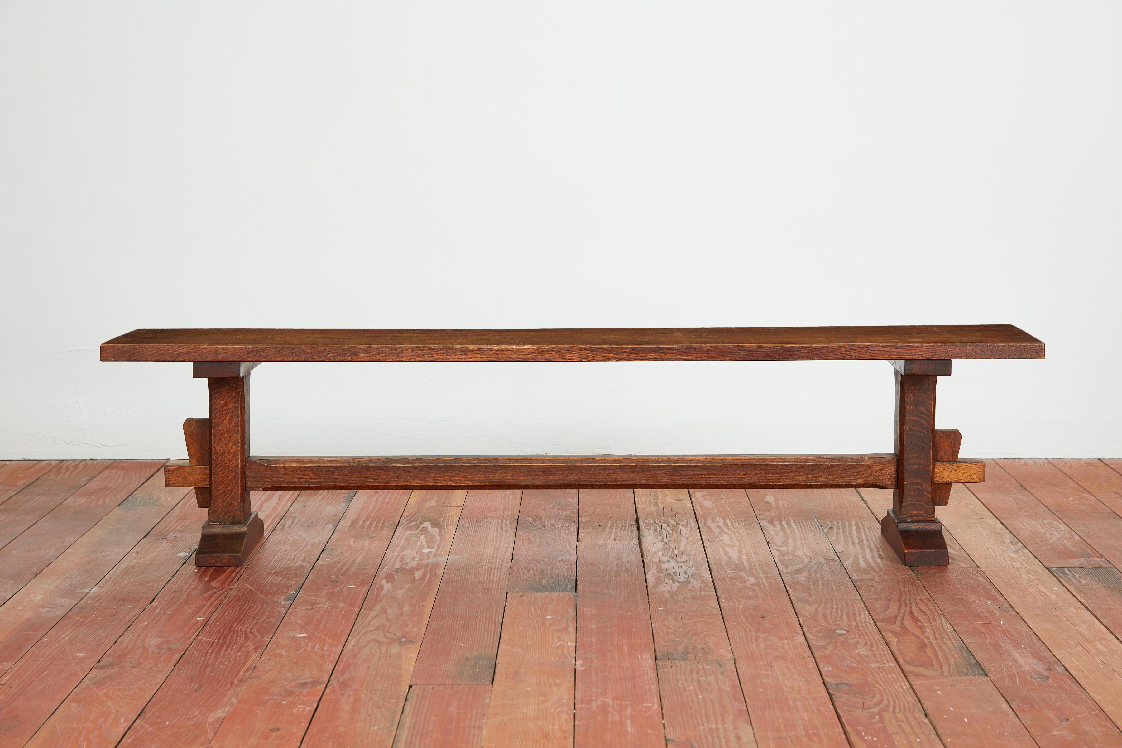 The perfect hallway bench - 
1950's French bench with beautiful dark patina 
Pair available 
