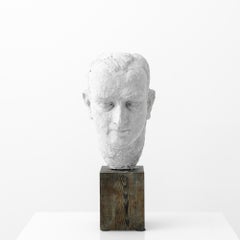 1950s French Plaster Head Sculpture on Wooden Stand