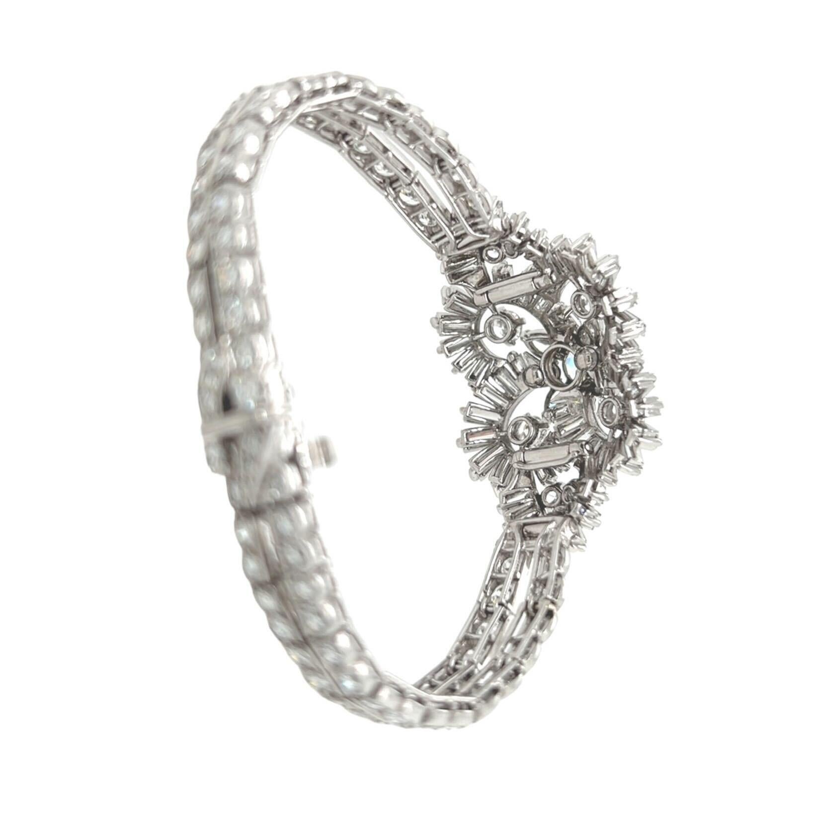 Baguette Cut 1950s French Platinum Diamond Floral Bracelet For Sale