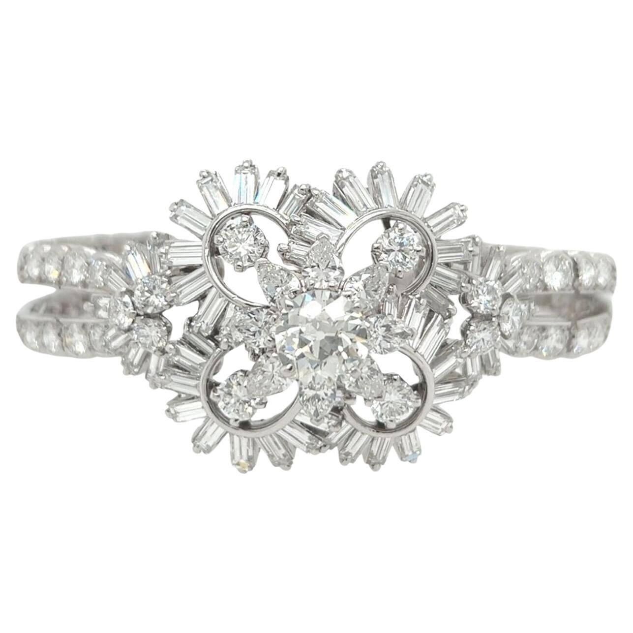 1950s French Platinum Diamond Floral Bracelet For Sale
