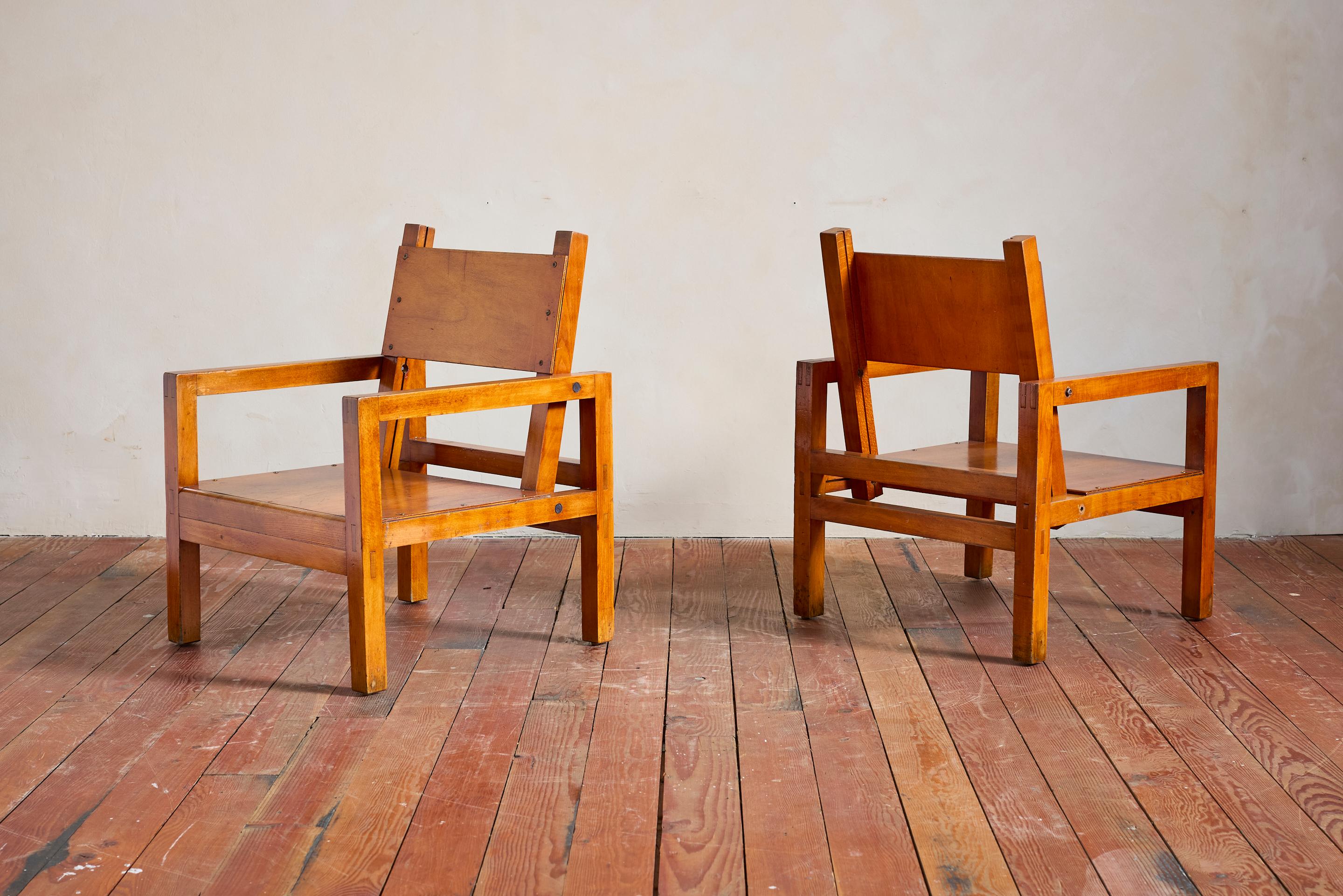 Unique pair of French plywood chairs - France, circa 1950s
Constructionist style in the vein of renown designer Gerrit Rietveld -  with dovetail joinery and rich patina to the plywood. 

Two pairs available 
