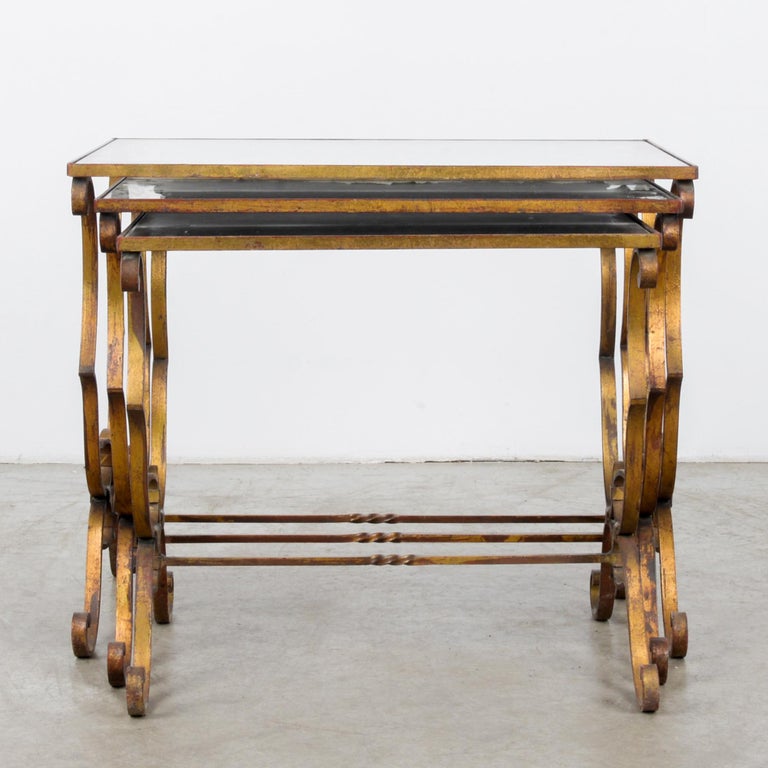 French Provincial 1950s French Polychrome Glass and Metal Nesting Tables, Set of Three For Sale