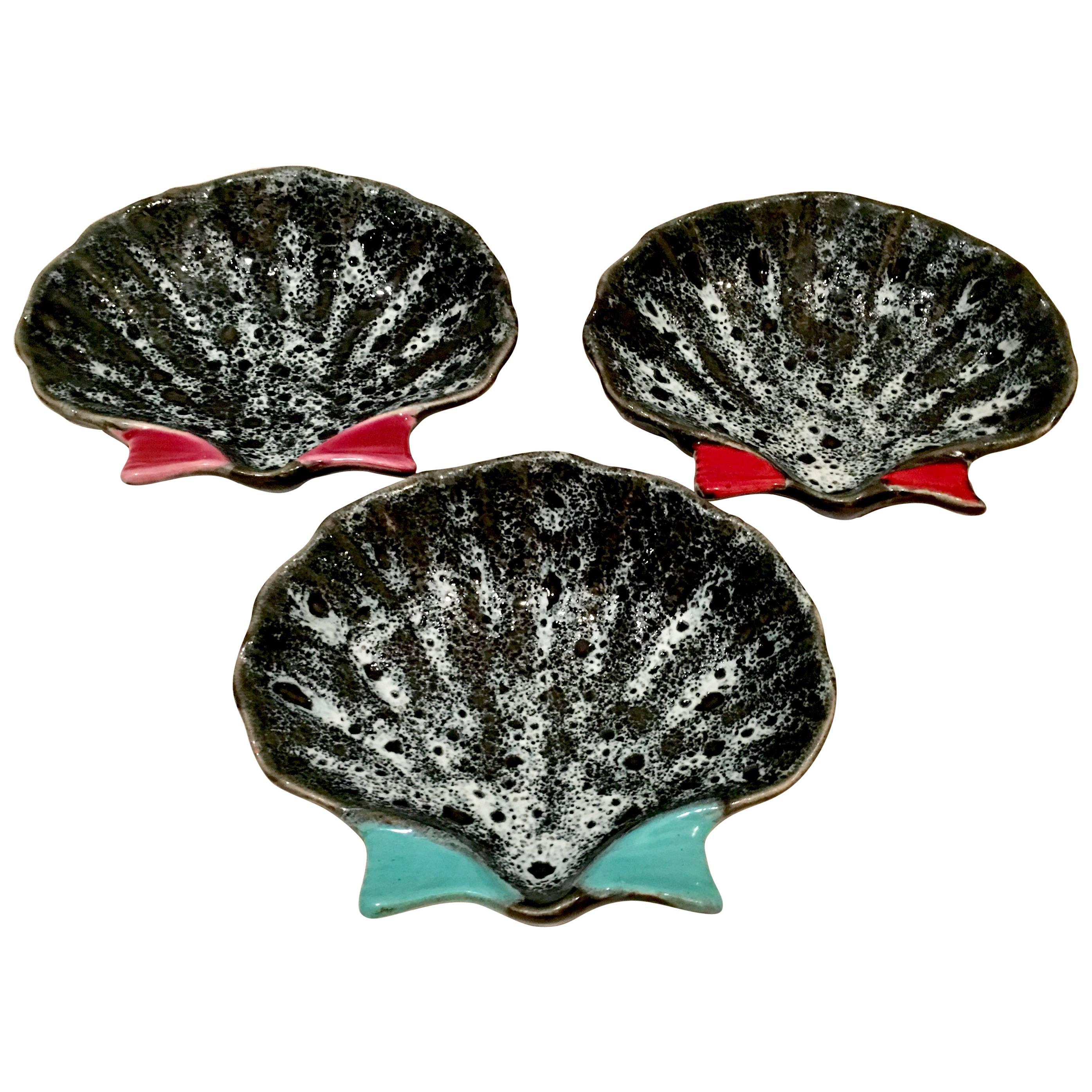 Hand-Painted 1950s French Pottery Oyster Dish by, Luc Vallauris, Set of Three