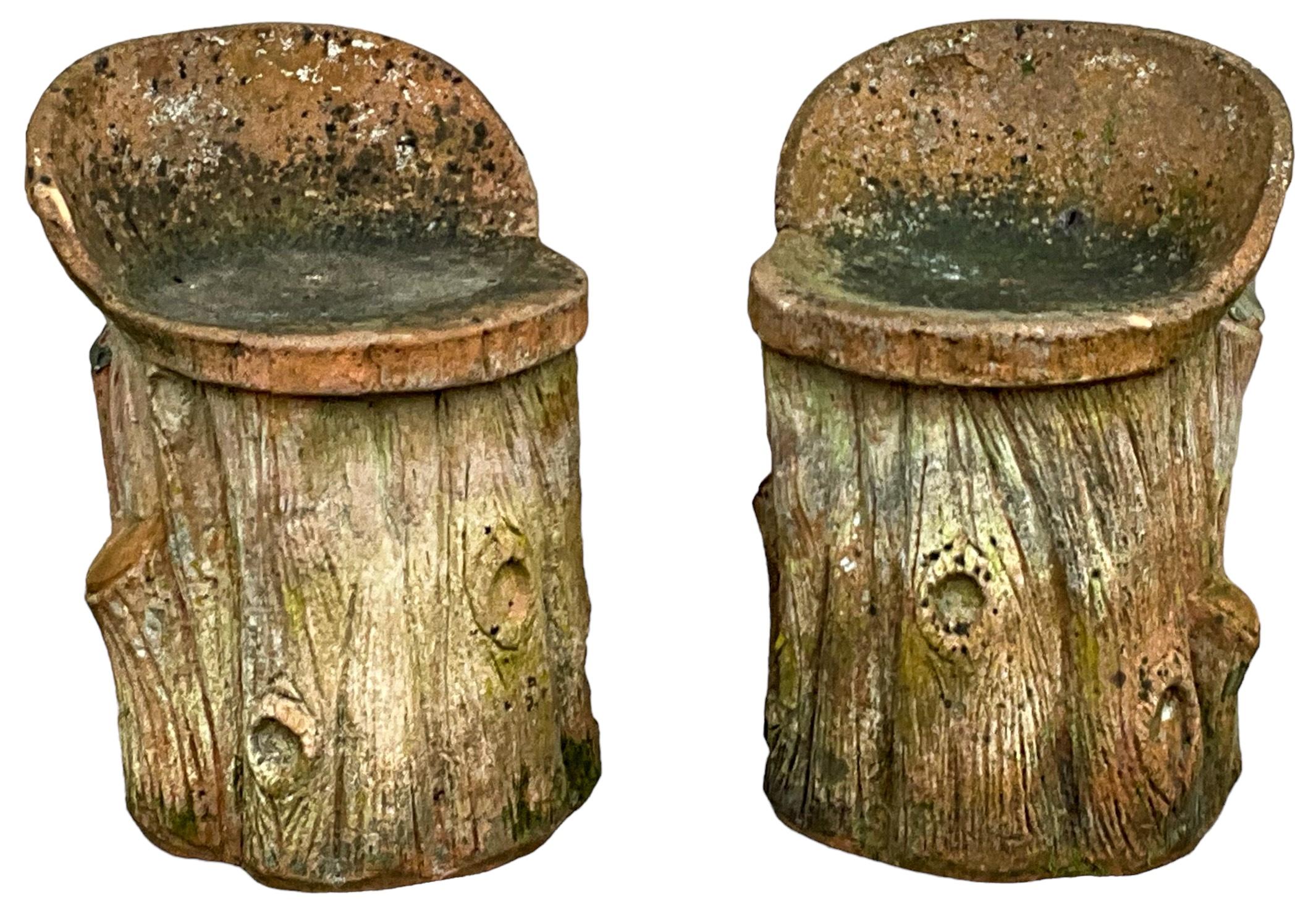 1950s French Primitive Rustic Terracotta Faux Bois Garden Seats / Stools - Pair In Good Condition In Kennesaw, GA